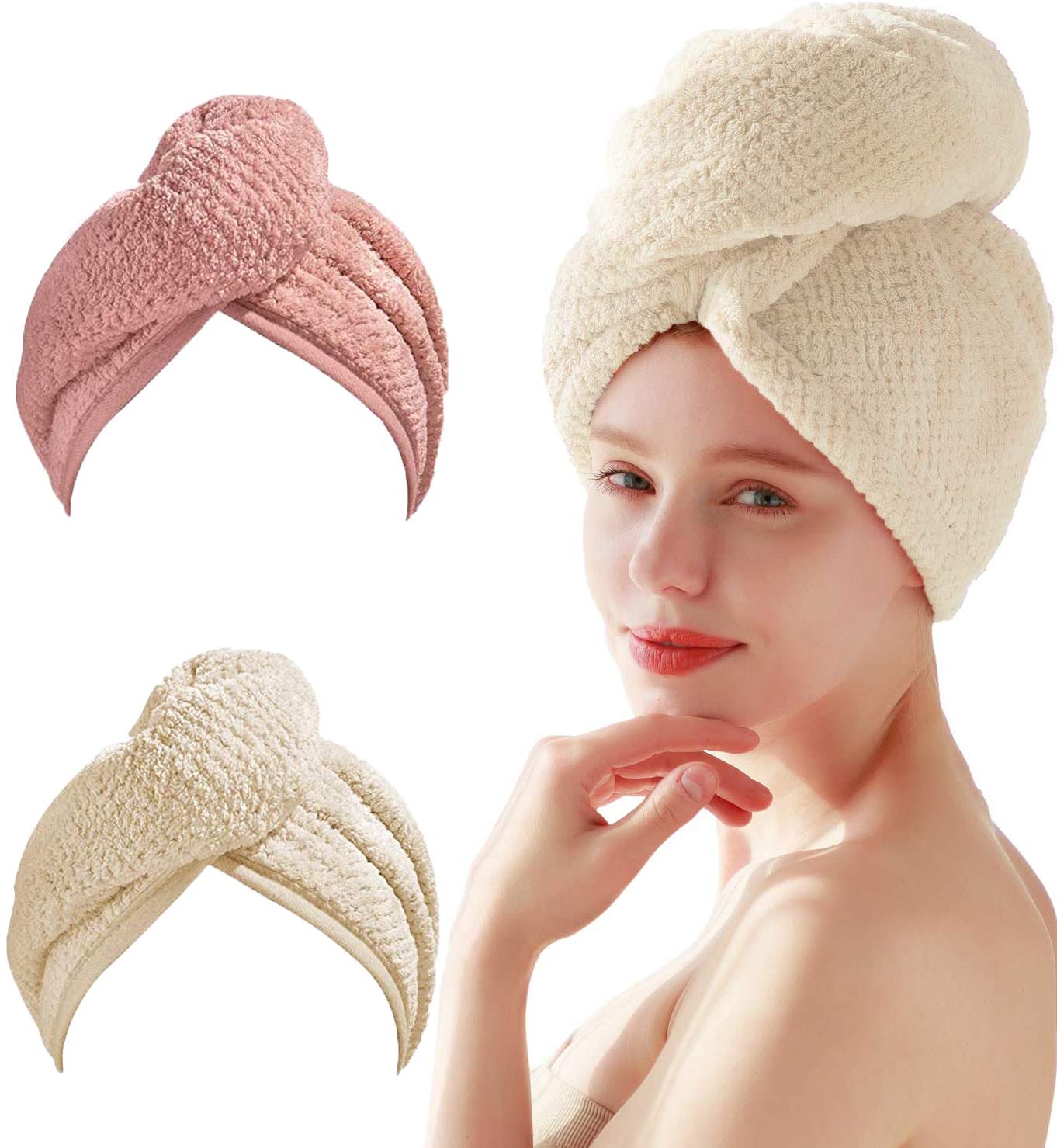 **Microfiber Hair Towel Wrap for Women - Super Absorbent Hair Turban for Curly, Long & Thick Hair - Quick Dry & Frizz Control (Pink & Khaki) - Perfect for Post-Shower, Salon & Travel Use**
