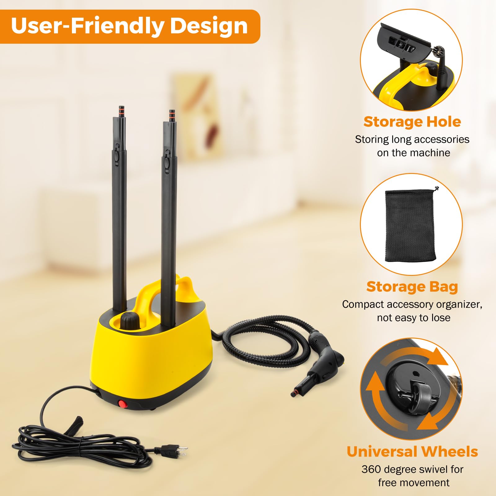BEAMNOVA Electric Steam Cleaner 1500W High Pressure Multipurpose Steamer for Carpet, Upholstery, Floor & Car Detailing - 1.5L Water Tank with Roller - Perfect for Home Deep Cleaning & Sanitizing