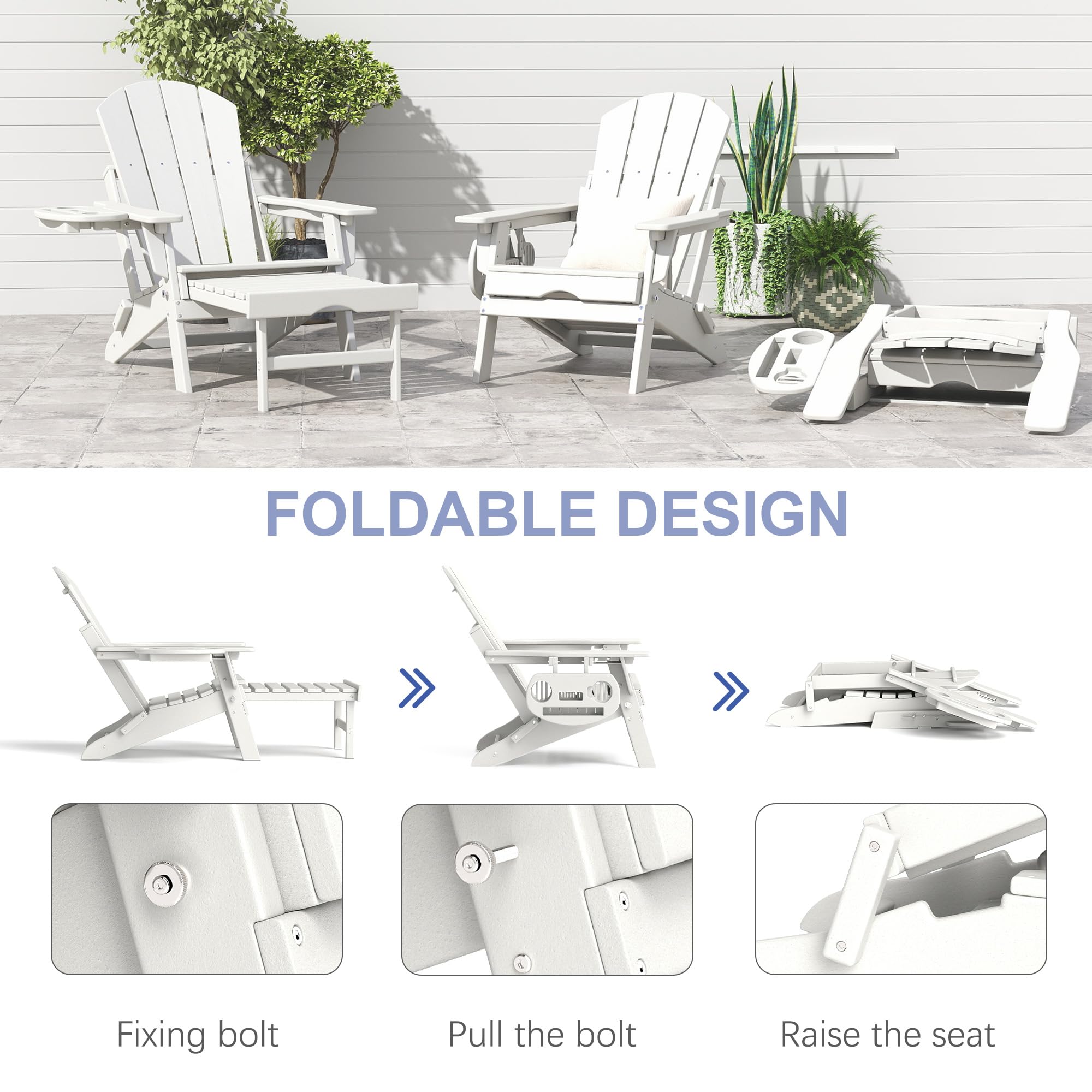 FOOWIN 2-Pack HDPE Folding Adirondack Chair with Retractable Ottoman & 4-in-1 Cup Holder - All-Weather Resistant Outdoor Patio Furniture for Backyard, Garden, Poolside & Camping Fire Pit Relaxation