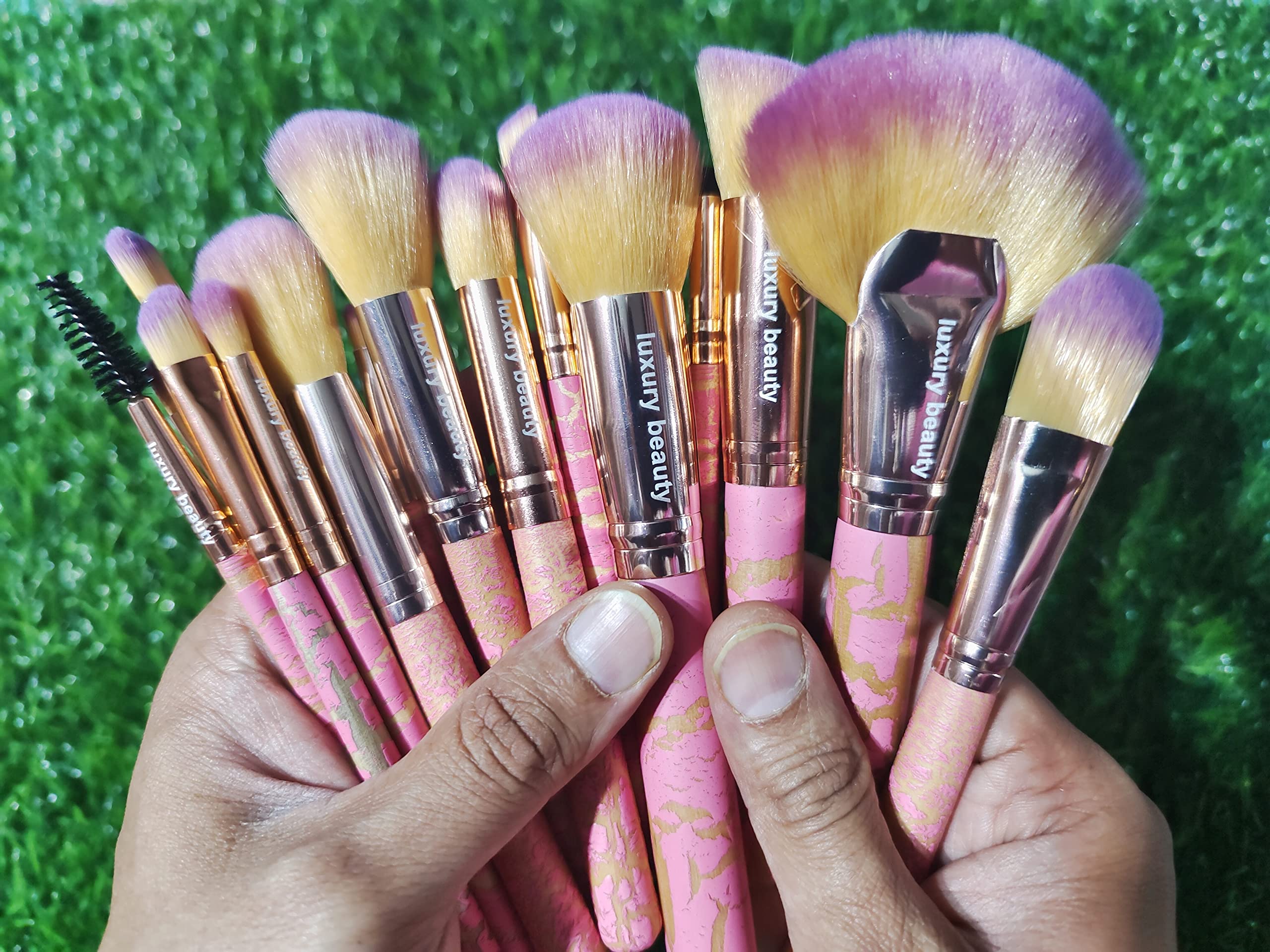 Premium 15-Piece Luxury Makeup Brush Set - Synthetic Foundation, Blending, Powder, Blush, Concealer & Eyeshadow Brushes - Wooden Handle (Pink/Yellow) for Professional & Everyday Makeup Application
