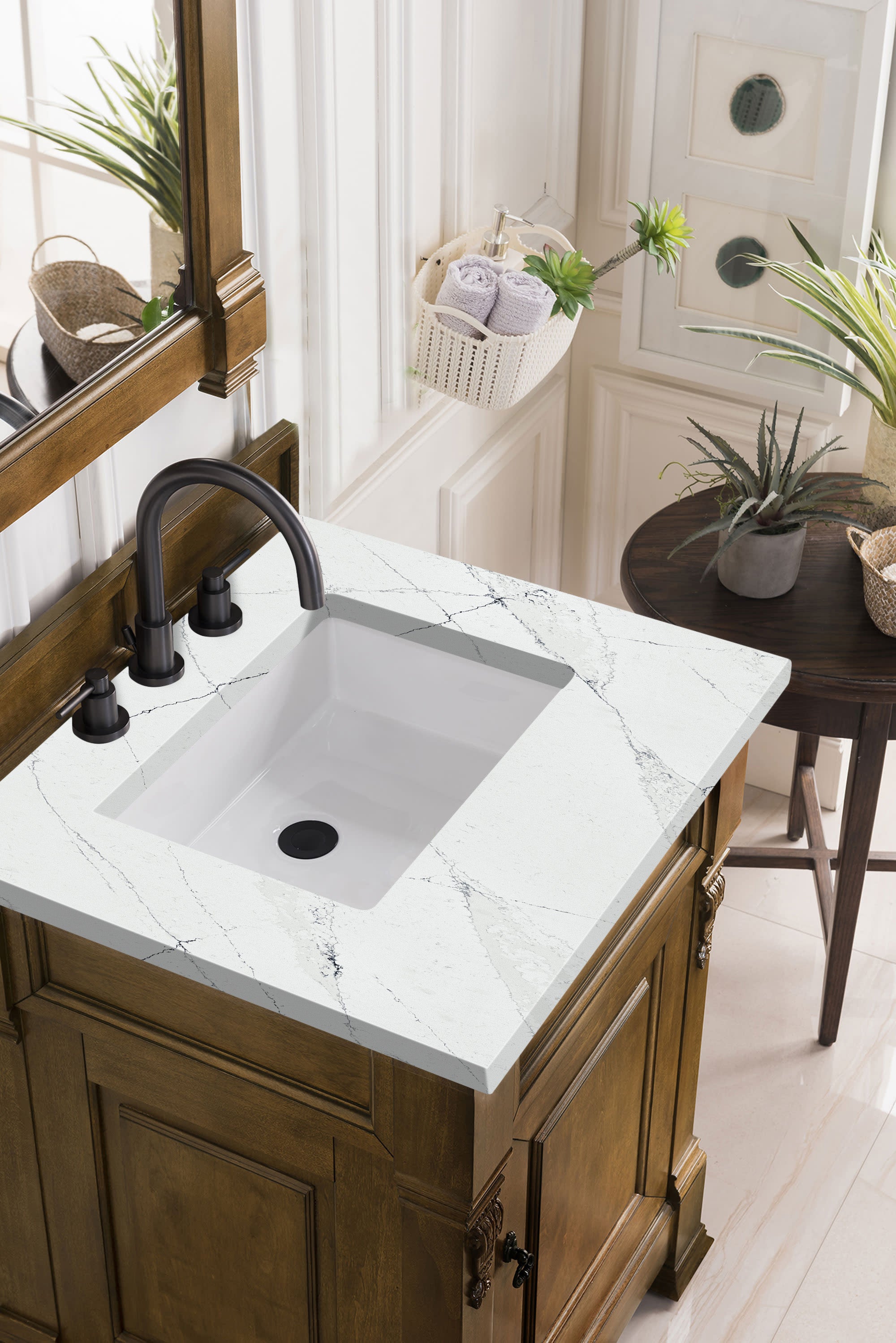Brookfield 26 Inch Single Bathroom Vanity with Country Oak Finish & 3CM Ethereal Noctis Quartz Countertop - Perfect for Modern Farmhouse & Rustic Bathroom Decor