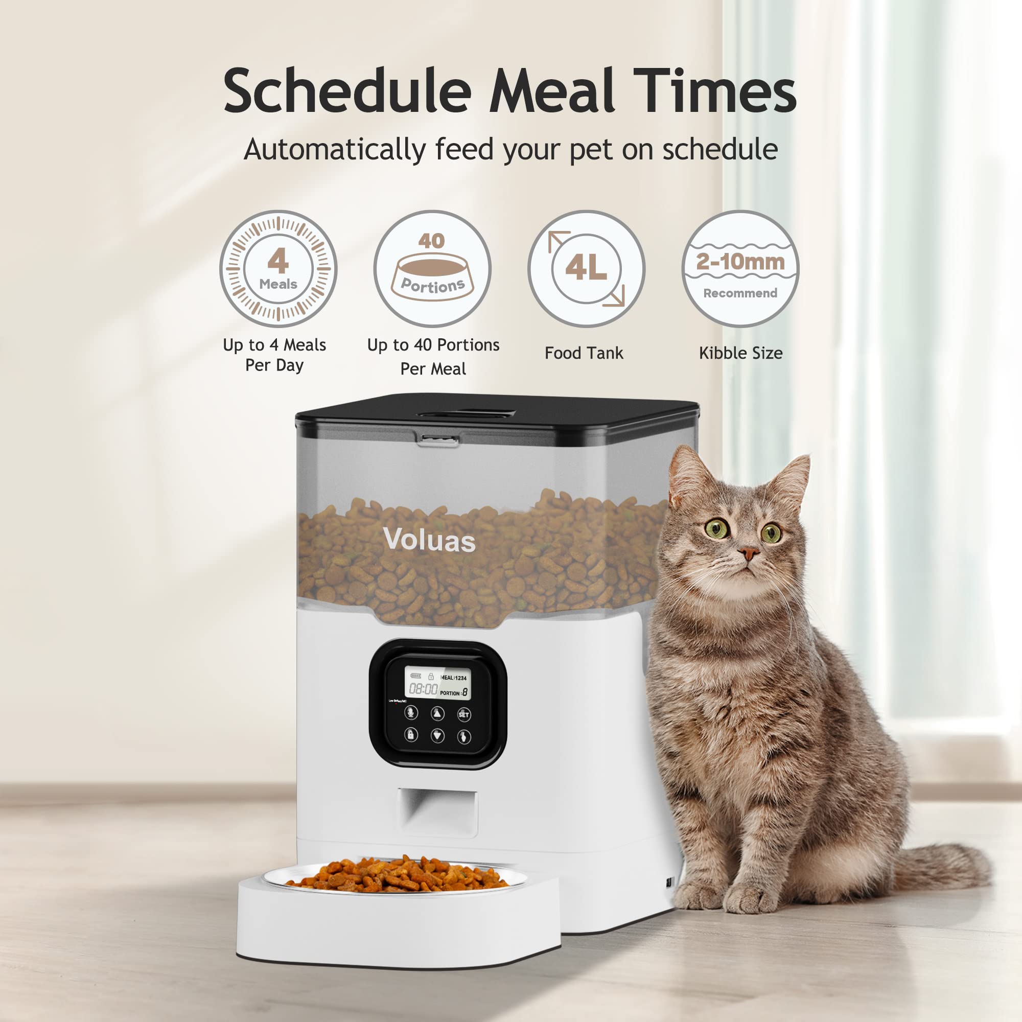 VOLUAS Automatic Cat Feeder with Timer - Programmable Dry Food Dispenser for 4 Meals Daily, Voice Recorder & Desiccant Bag | Perfect for Busy Pet Owners & Multi-Cat Homes