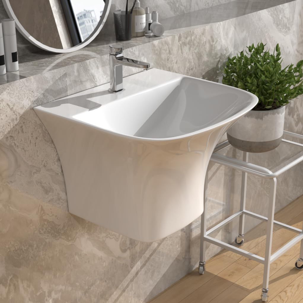 B BACKLINE 19 x 17 x 13 Inch White Ceramic Wall Mount Vessel Sink - Modern Half Pedestal Bathroom Basin for Vanity, Powder Room & Guest Bath - Easy to Clean Wall Hung Wash Basin for Contemporary Homes