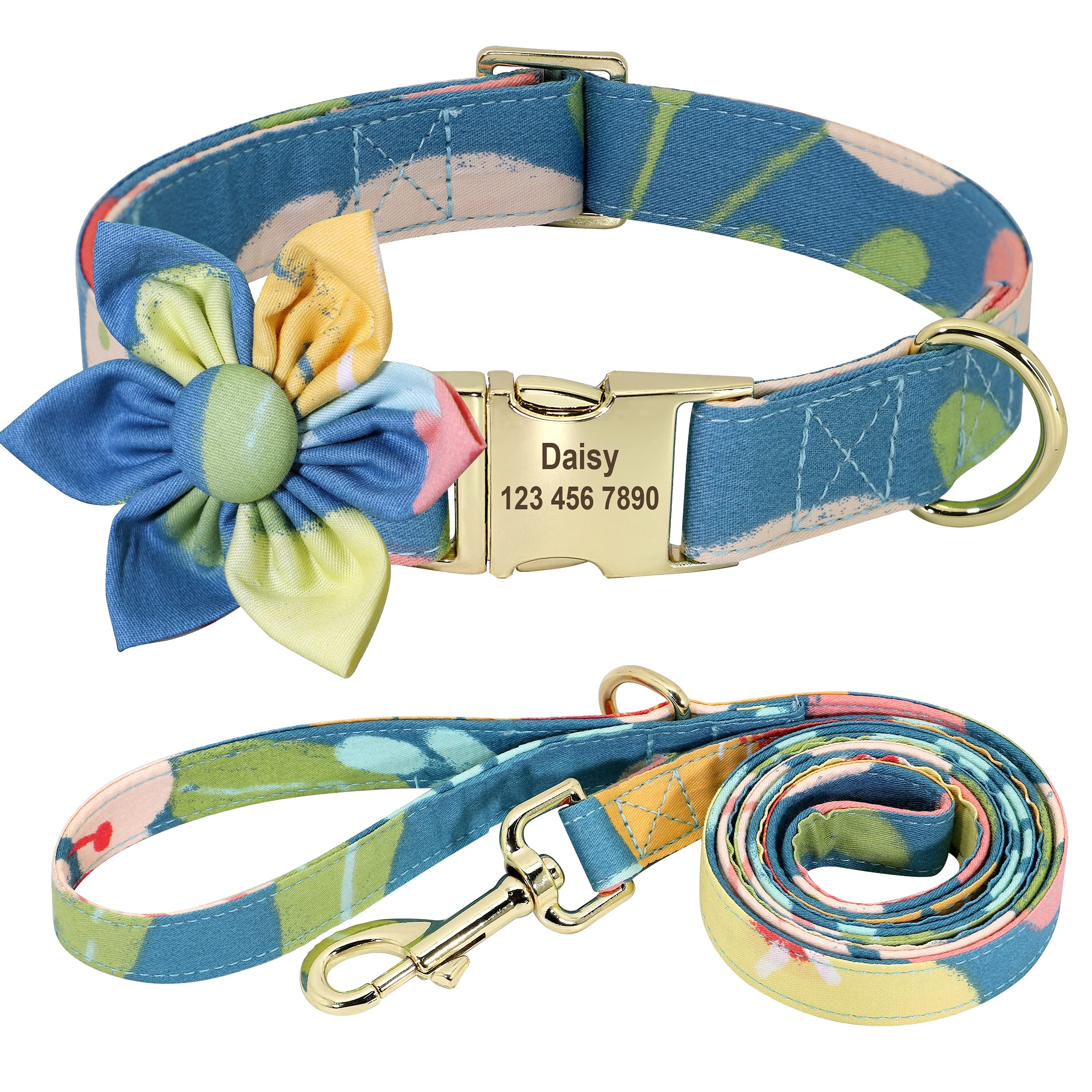 Beirui Personalized Floral Dog Collar and Leash Set for Small to Medium Female Dogs - Engraved Gold Buckle, Adjustable Pet Accessories (Ocean Blue, Size M) - Perfect for Weddings, Photo Shoots & Special Occasions