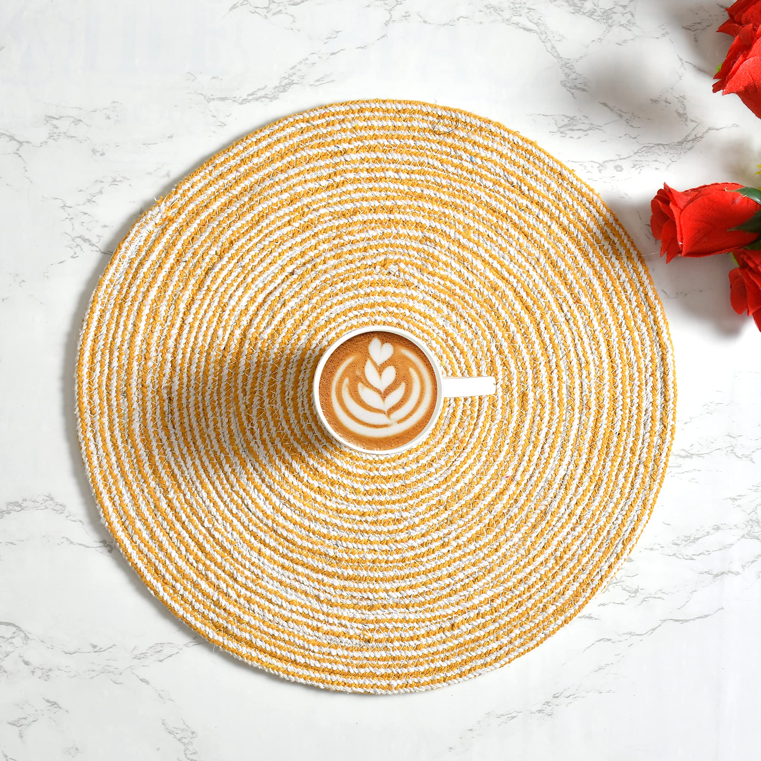 LaVichitra Braided Cotton Round Placemats 35cm - 2 Pack Yellow Table Mats for Dining Table, Bedside, Coffee Table & Shelf Decor - Perfect for Home, Kitchen & Party Settings