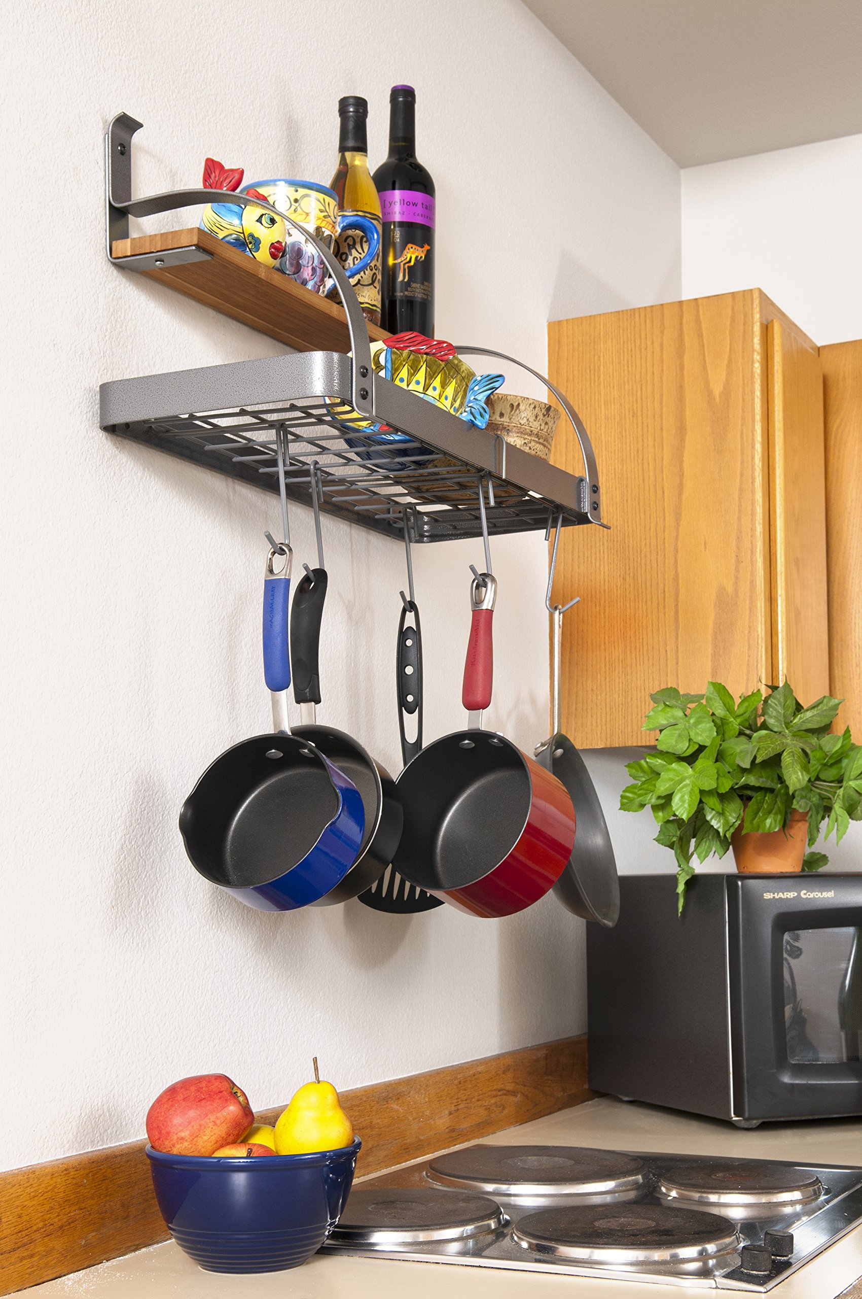 Wall Mounted Bookshelf & Pot Rack with Wood Shelf & 8 Hooks - Steel Gray Hammertone Finish for Kitchen Storage & Home Organization