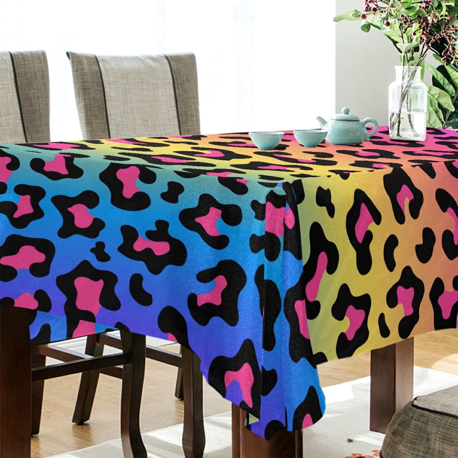 ALAZA Oblong Tablecloths 60 x 108 Inch, Neon Rainbow Leopard Print Party Tablecloth, Durable Dining Room Table Cover for Holidays, Birthdays, and Festive Gatherings