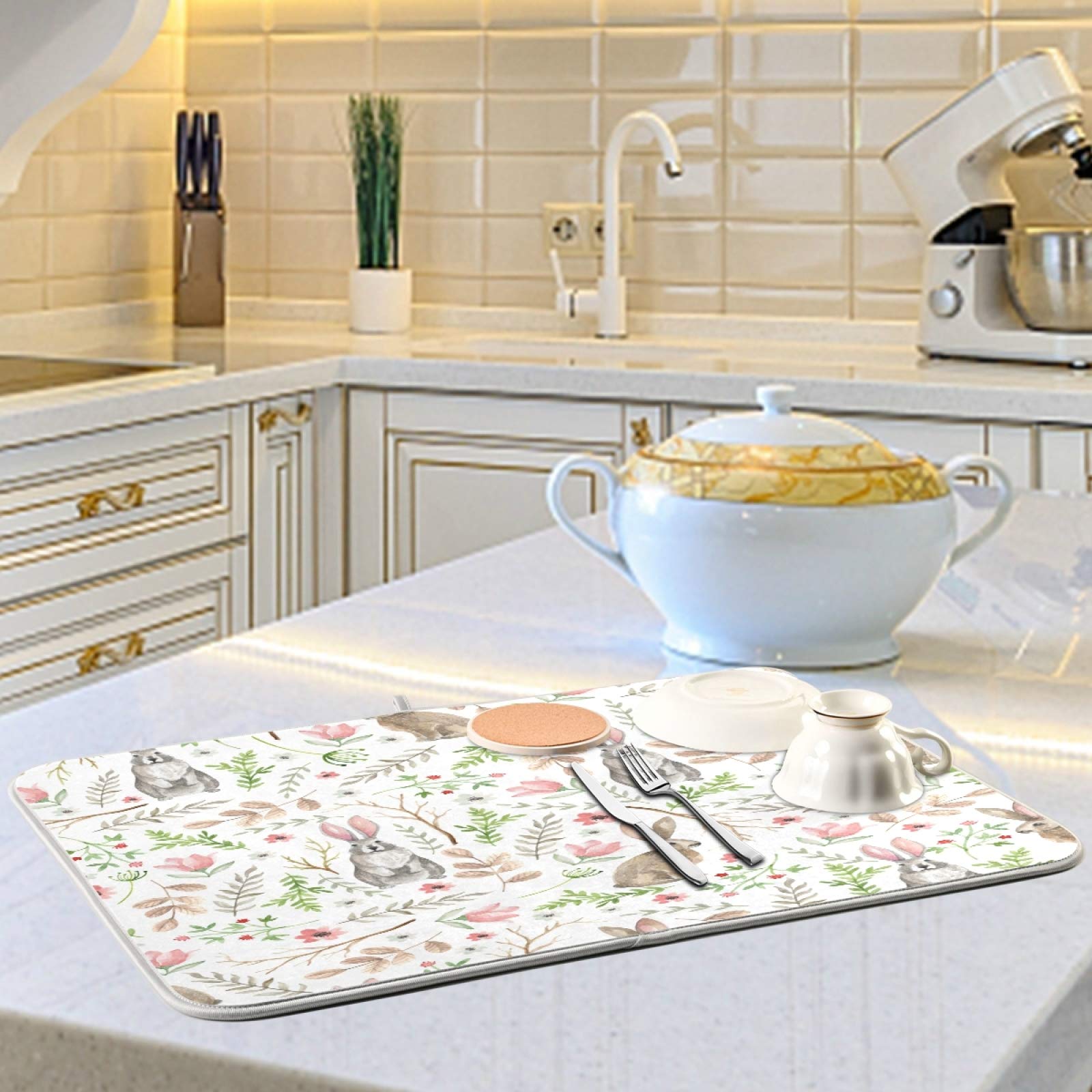 ATTX Cute Rabbits Dish Drying Mat - 18 x 24 Inch Extra Large Microfiber Kitchen Counter Mat for Dishes, Utensils & Cookware - Perfect for Kitchen Countertops, Sink Areas & Drying Racks