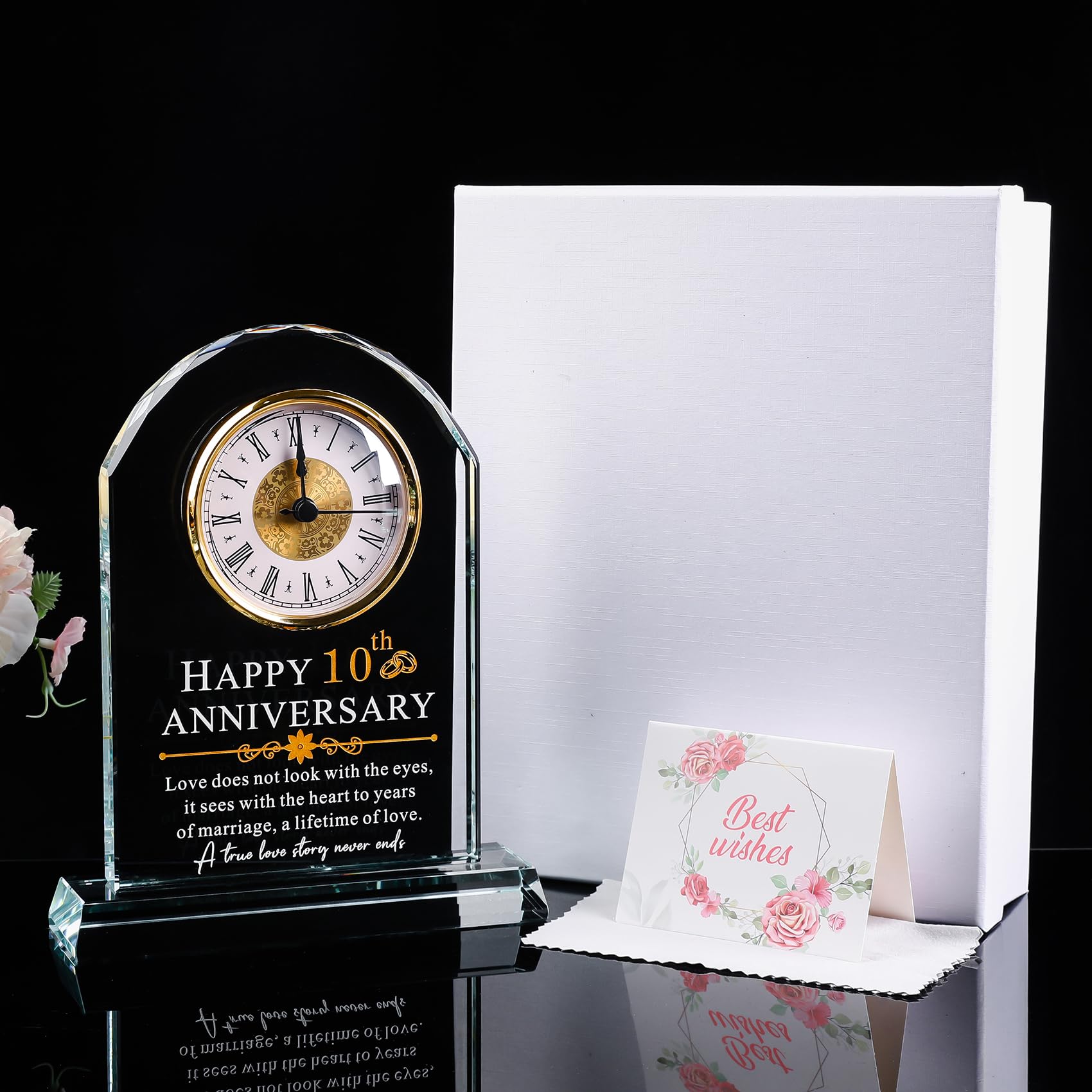 10th Wedding Anniversary Gift - Elegant Glass Quartz Clock for Couples, Him & Her - 10 Years of Marriage Keepsake - Perfect Anniversary Decor for Husband or Wife - Ideal for Home, Office, or Romantic Gift Giving