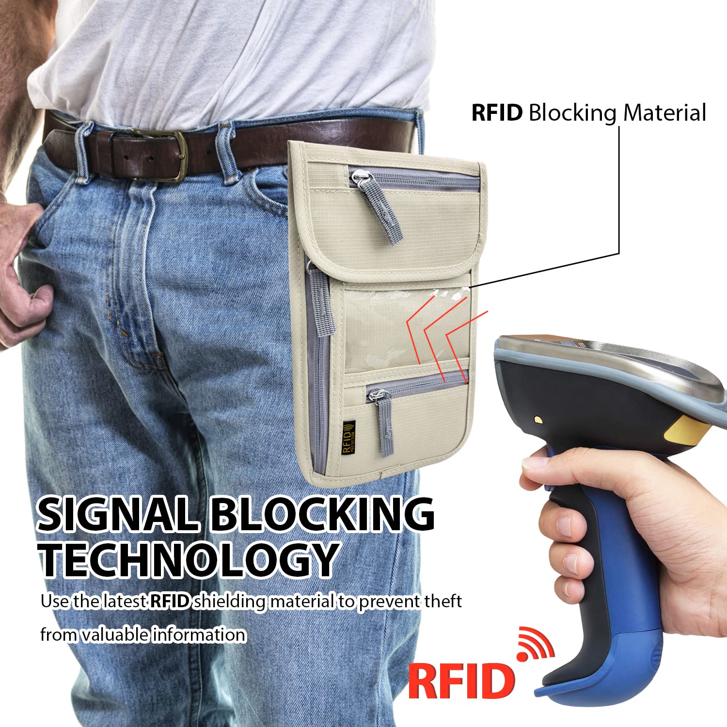 RFID Blocking Travel Neck Wallet - Adjustable Passport Holder for Men & Women | Secure Cash, Credit Cards & Travel Documents | Perfect for Airports, Sightseeing & Commuting - Beige