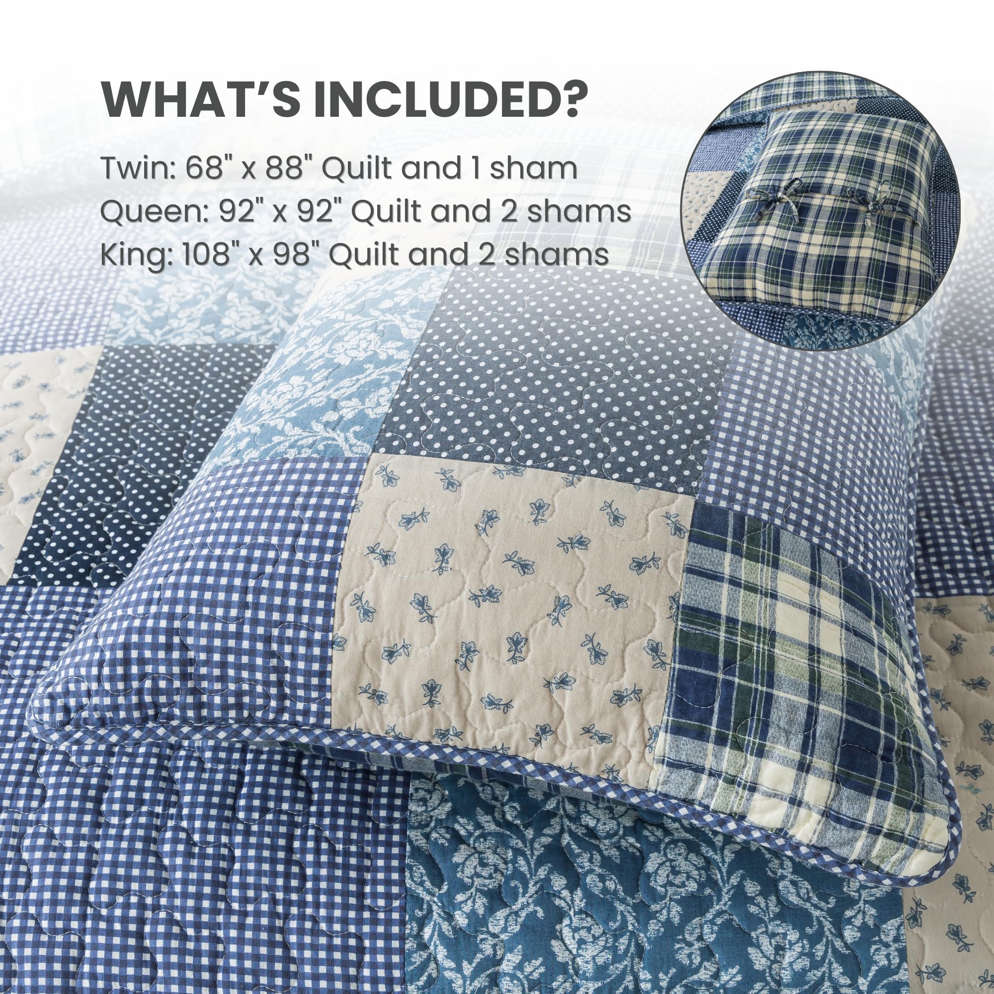 SLPR Blue Symphony Cotton Patchwork Quilt Set - Twin Size with 1 Sham | Farmhouse Style Checkered & Plaid Bedspread | Lightweight Cozy Country Bedding for Guest Rooms, Dorm Decor & Cozy Cabin Retreats