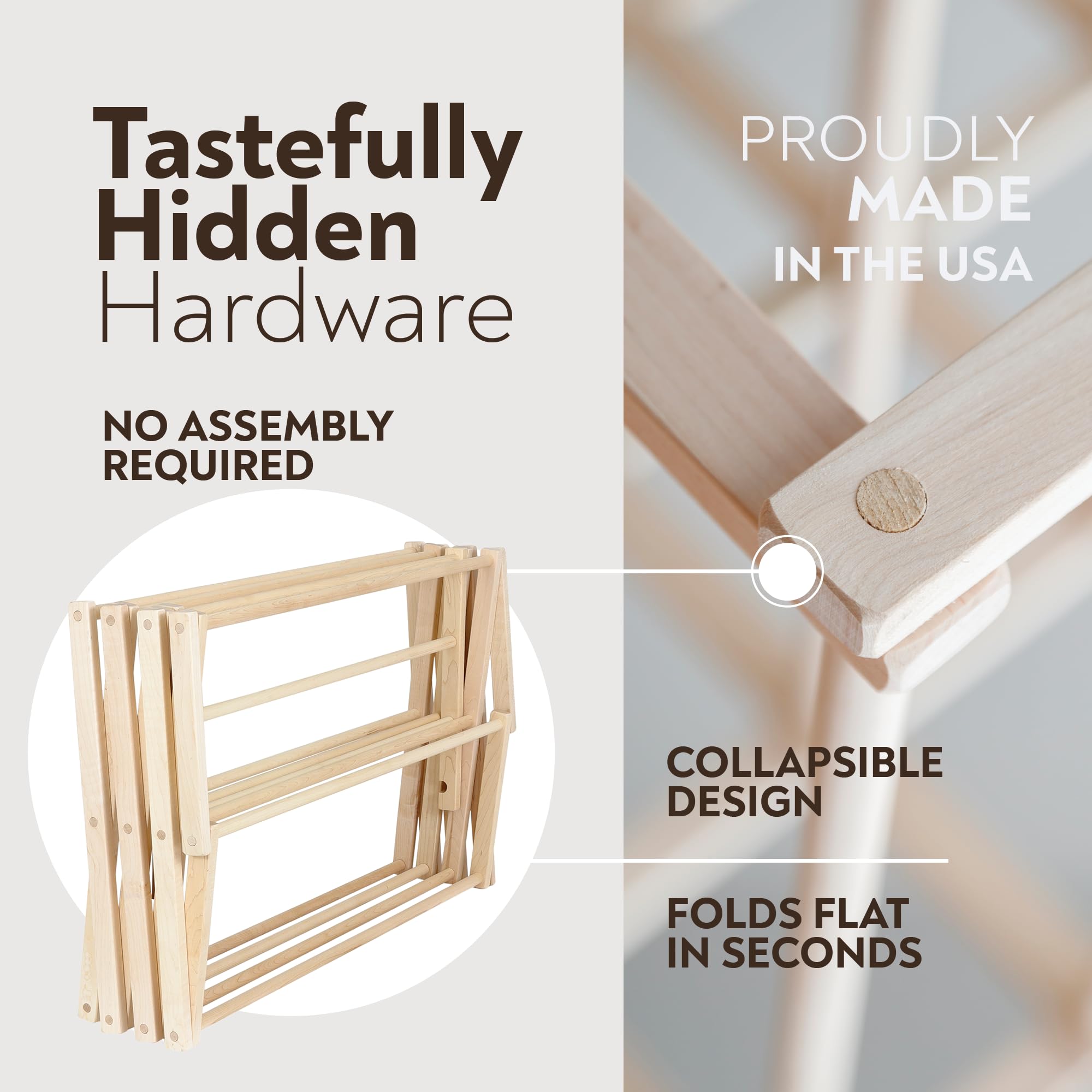Premium Solid Maple Wood Clothes Drying Rack - USA Made Foldable Laundry Rack for Baby Clothes, Delicates & Hand Towels | Space-Saving Design for Small Apartments, Bathrooms & Nursery Rooms | No Assembly Needed Durable Hardwood Garment Drying Stand