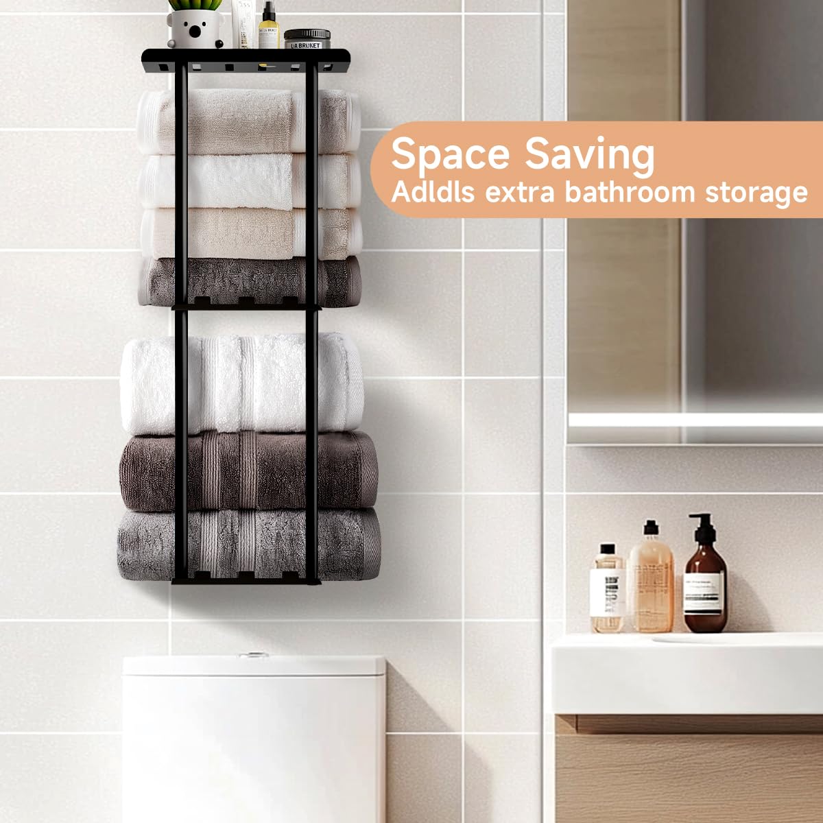 3-Tier Black Metal Wall Mounted Bathroom Towel Rack with Shelf & 6 Hooks - Heavy Duty Towel Holder for Rolled Towels Storage & Organization - Perfect for Small Bathrooms, Laundry Rooms & Spa Spaces