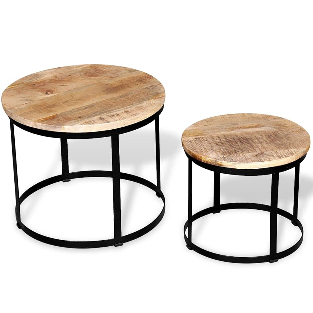Solid Wood Coffee Table Set with Sturdy Metal Frame - Rough Mango Wood Round Coffee Tables (15.7