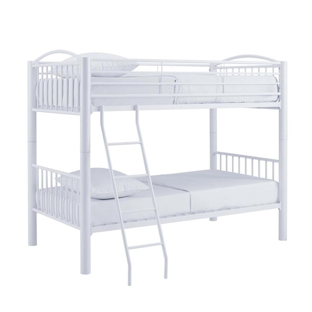 Powell Furniture Linon Heavy Duty Metal Twin Bunk Bed in White - Space-Saving Kids Bedroom Furniture for Siblings or Sleepovers