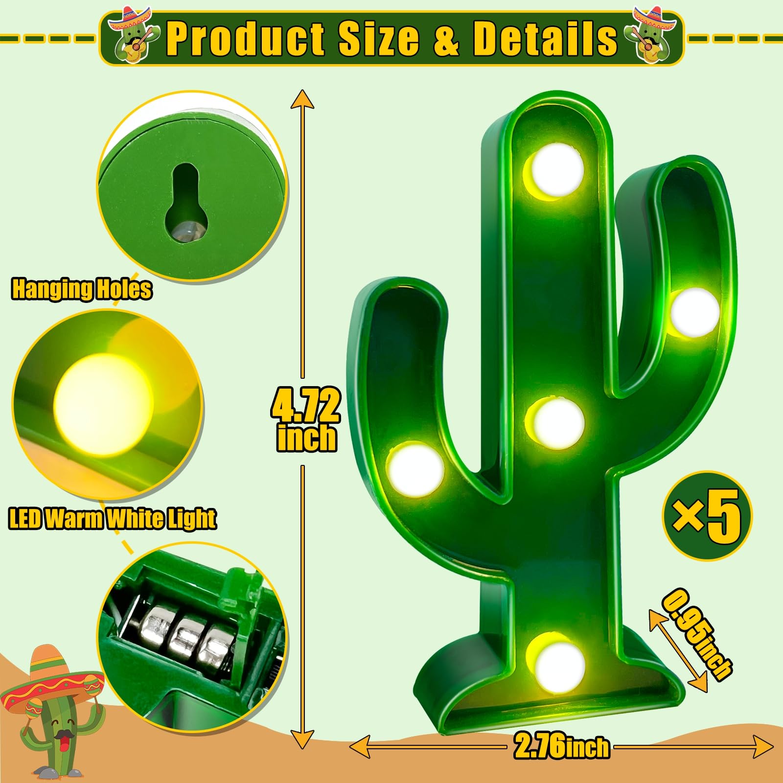 5-Piece LED Cactus Light Set - Green Cactus Night Light for Cinco De Mayo, Fiesta Party Decor, Kids Room, Bedroom & Home Decor (4.72 x 2.76 Inch) - Perfect for Mexican Themed Parties, Nursery Lighting & Cozy Home Ambiance
