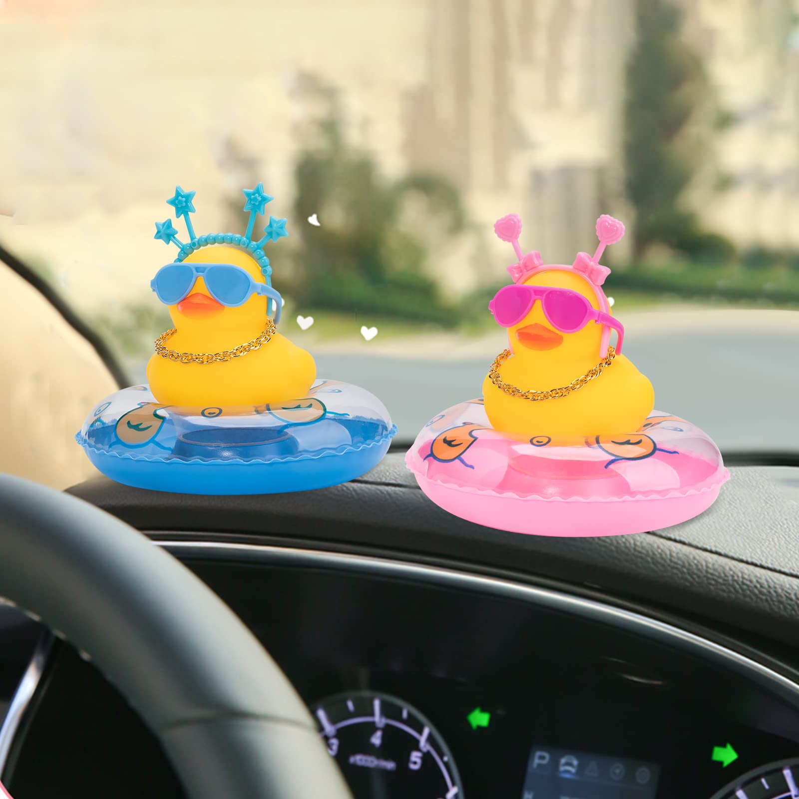 Wonuu Cute Rubber Duck Car Ornament with Headband, Swim Ring, Necklace & Sunglasses - Blue Star Headband Dashboard Decor for Cars - Perfect for Gifts, Parties & Car Accessories