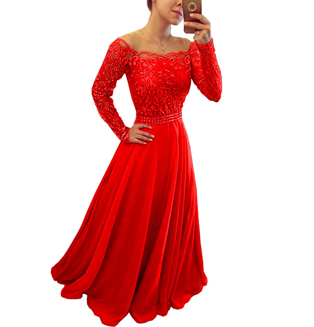 Elegant Women's Off Shoulder Long Sleeve Lace Beaded Evening Dress - A-Line Illusion Bridesmaid Gown for Weddings, Prom & Special Occasions