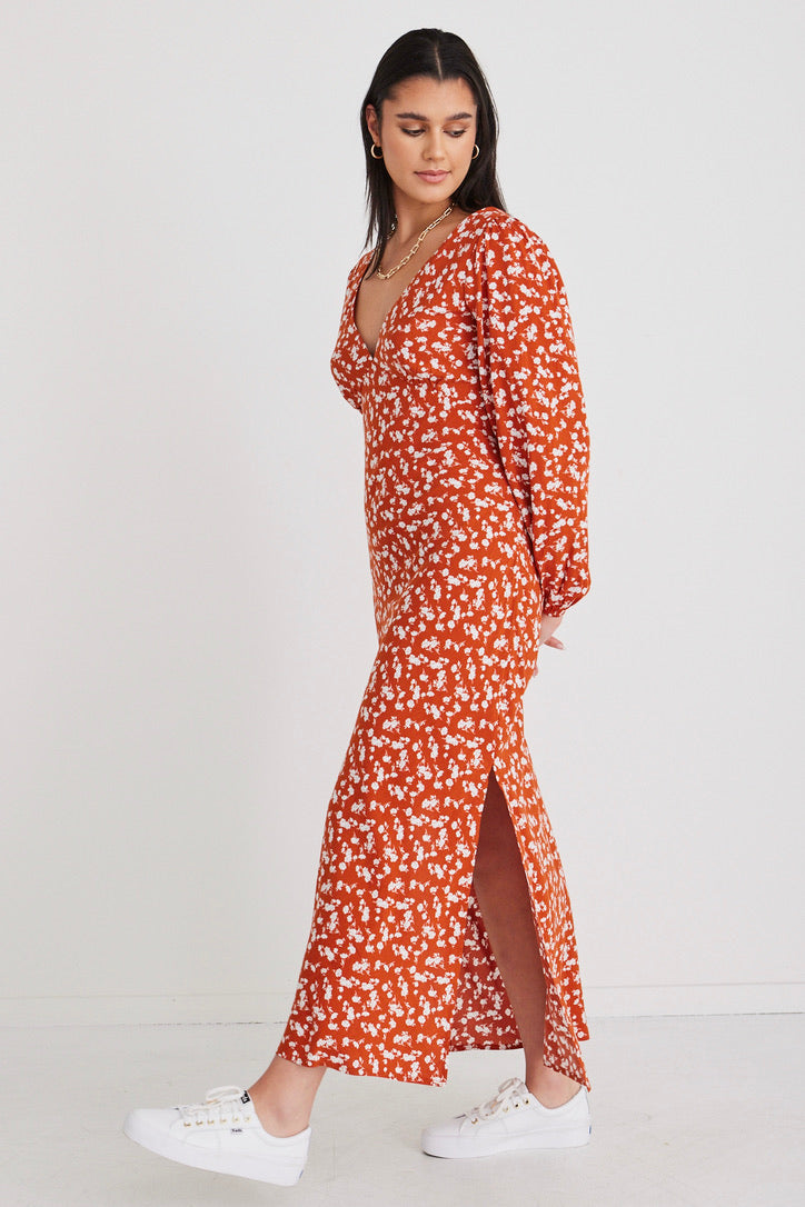 Phoenix Copper Ditsy Long Sleeve Bias Cut Midi Dress - Elegant Floral Print Party & Wedding Guest Dress for Women
