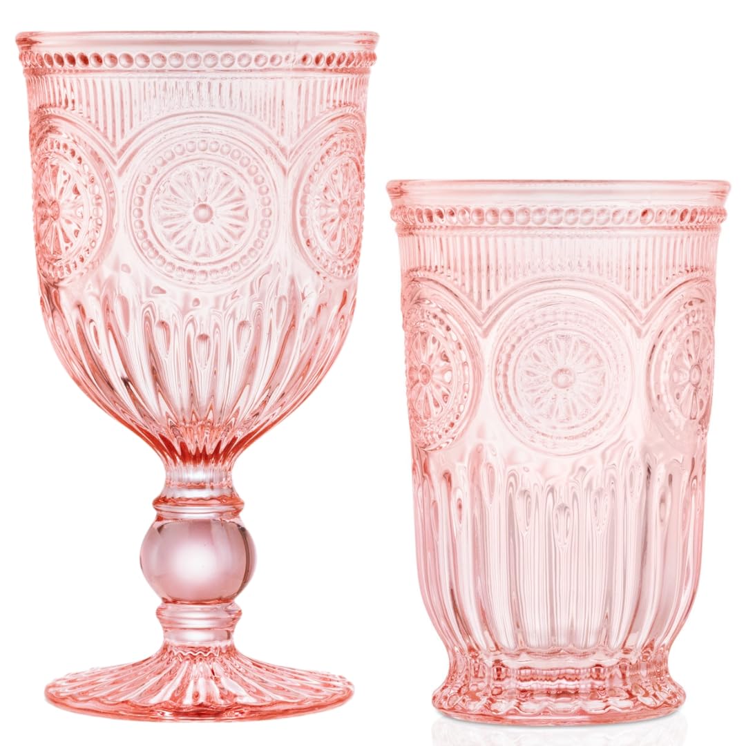 Vintage Pink Glassware Set - 6 Wine Goblets & 6 Tall Tumblers with Sunflower Embossed Design - Elegant Party Drinkware for Weddings, Bridal Showers & Home Decor