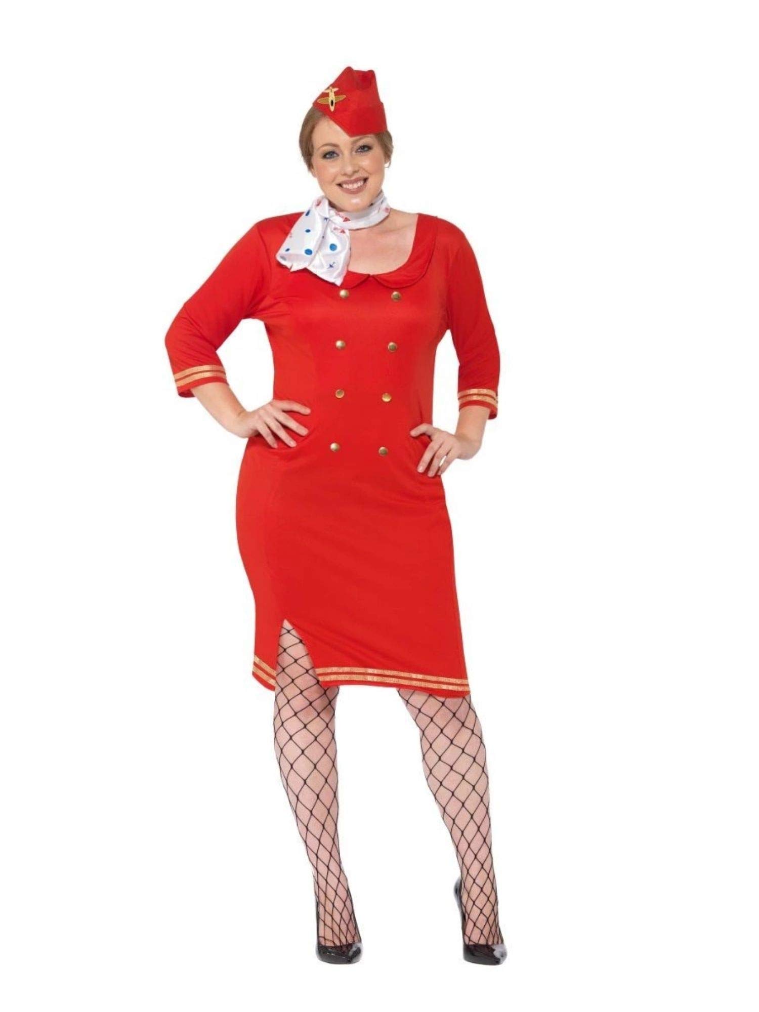 Smiffys Curves Air Hostess Costume - Sexy Flight Attendant Halloween Costume for Women, Plus Size Uniform Dress for Cosplay & Theme Parties