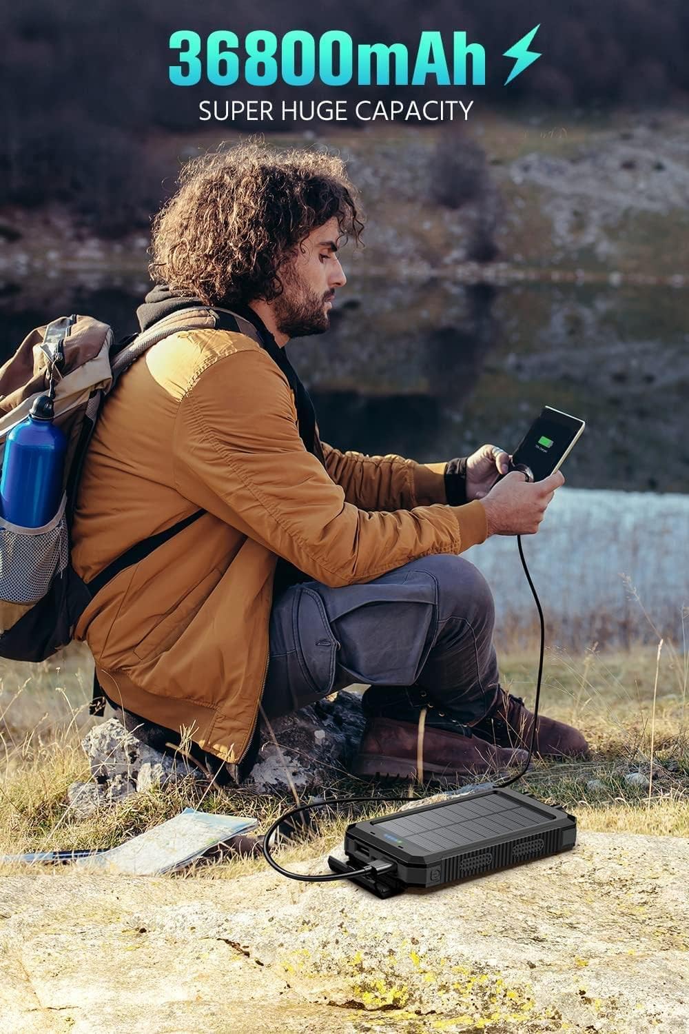 Feeke 36800mAh Solar Power Bank with QC3.0 Fast Charging, Dual USB Ports, Built-in LED Flashlight & Compass - Portable Charger for iPhone, Android Phones, Tablets & Electronic Devices - Perfect for Camping, Hiking & Outdoor Adventures (Black)