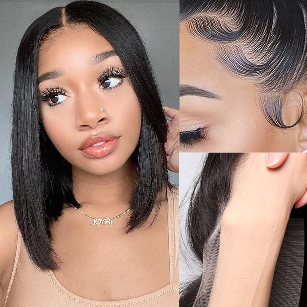 13x4 Transparent HD Lace Front Wig - Brazilian Remy Virgin Human Hair Bob Wig for Black Women | Silky Straight Short 14 Inch with Bleached Knots, Baby Hair & Pre-Plucked Hairline | 150% Density for Daily Wear, Parties & Special Occasions
