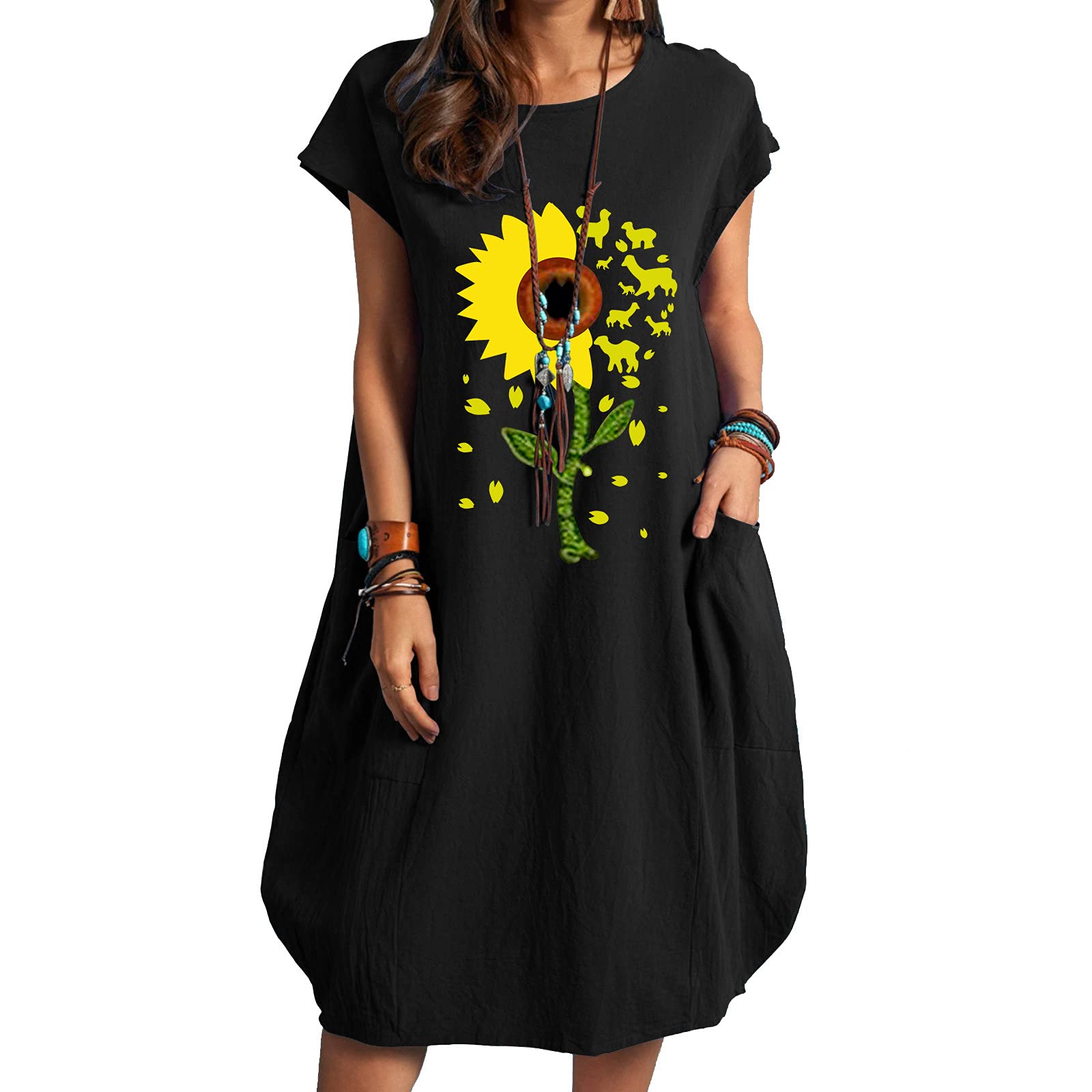 Women's Floral Print V-Neck Swing Dress - Casual Summer Beach Dress with Folds for Seaside Vacation & Outdoor Activities | ORT Summer Dresses Collection