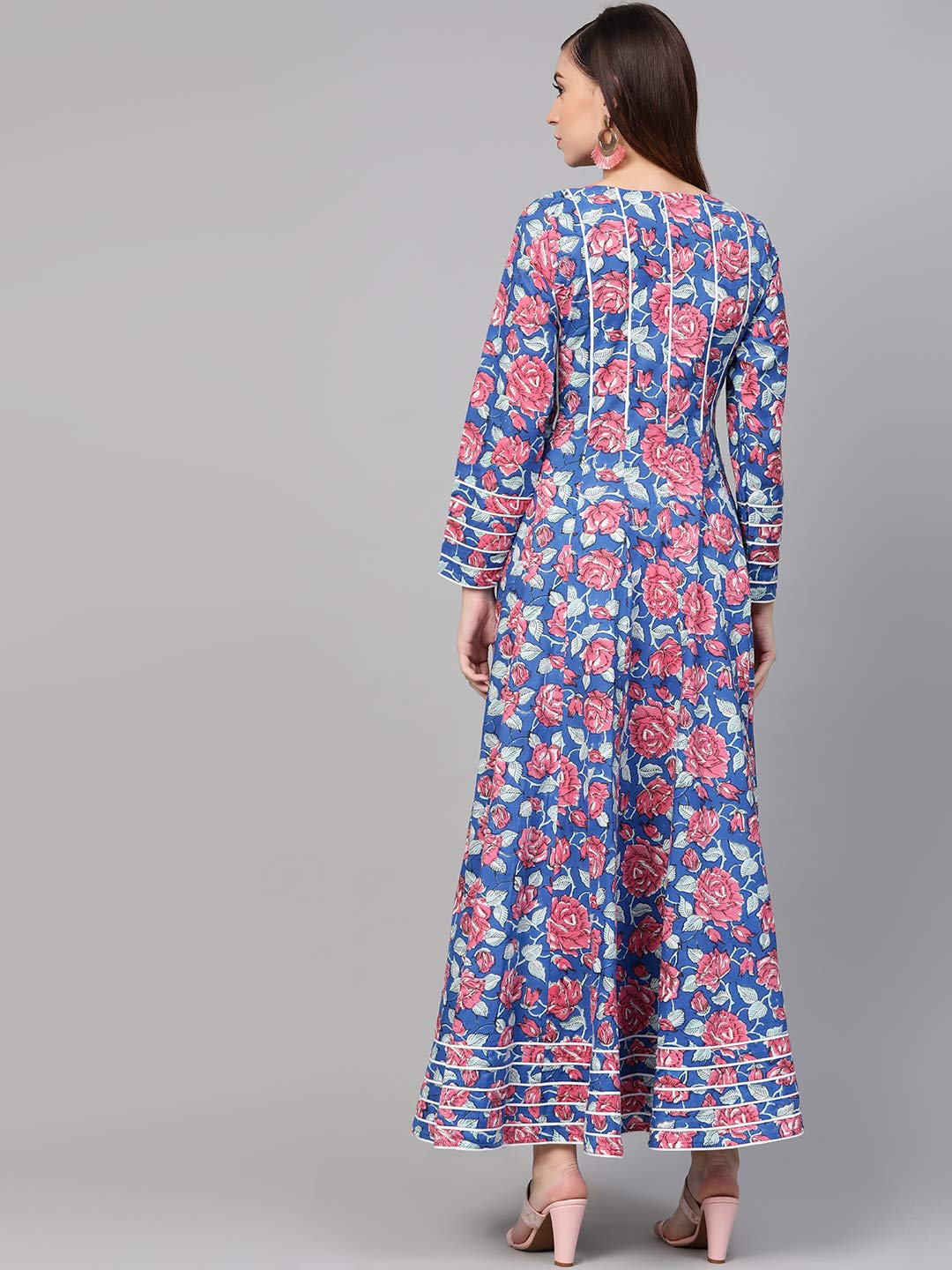 Royal Blue Hand Block Floral Print Cotton Anarkali Dress for Women | Elegant Indian Party Wear & Festive Occasion Outfit