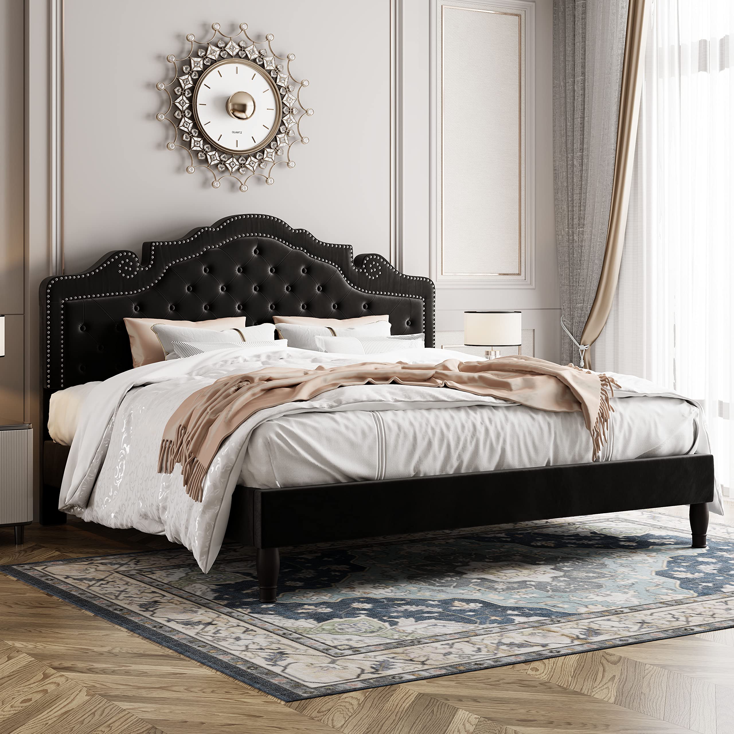 Allewie King Size Platform Bed Frame with Adjustable Velvet Tiara Headboard - Upholstered Diamond Button Tufted Design, Wood Slat Support, No Box Spring Needed - Easy Assembly Mattress Foundation in Black | Perfect for Master Bedrooms & Modern Home Decor