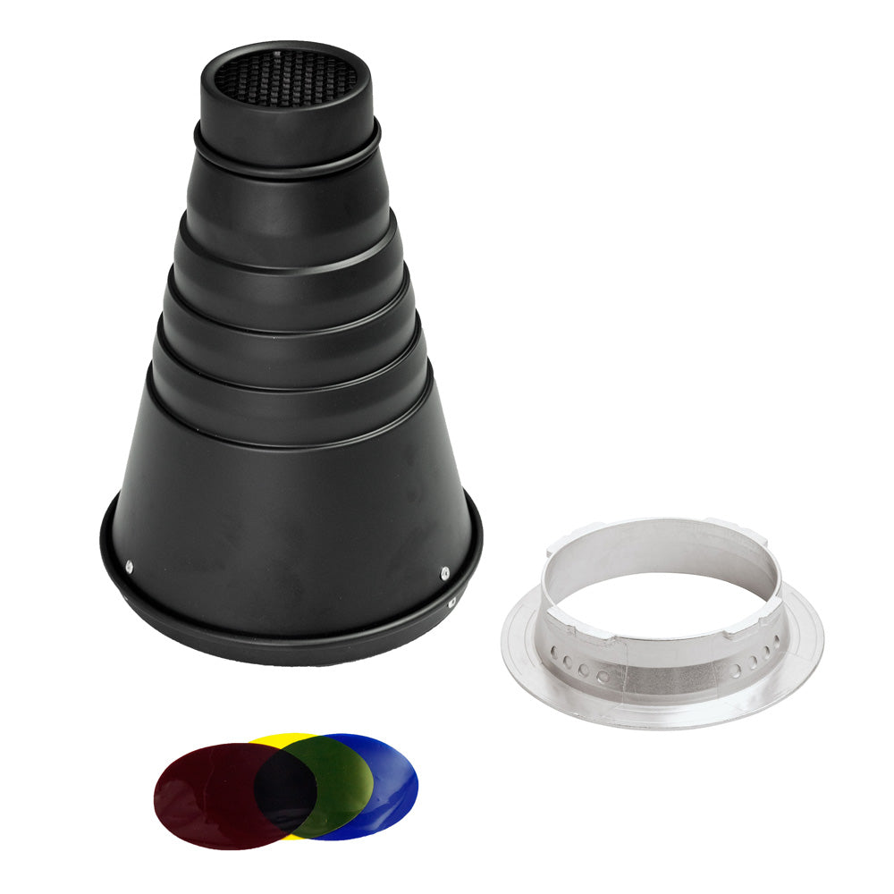 Interchangeable Conical Snoot with Honeycomb Grid & Color Gels - Perfect for Studio Photography, Portrait Lighting, and Creative Light Control