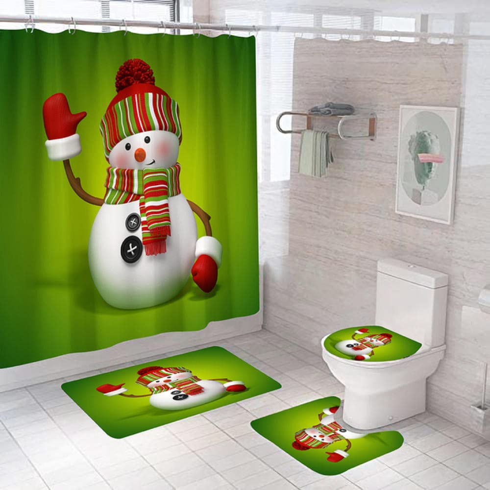 Guugoo 4-Piece Non-Slip Bathroom Rug Set - Includes Pedestal Mat, Toilet Lid Cover, Shower Mat & Waterproof Curtain | Snowman Design for Cozy Home Decor | Perfect for Bathroom Safety & Holiday Themed Decorations