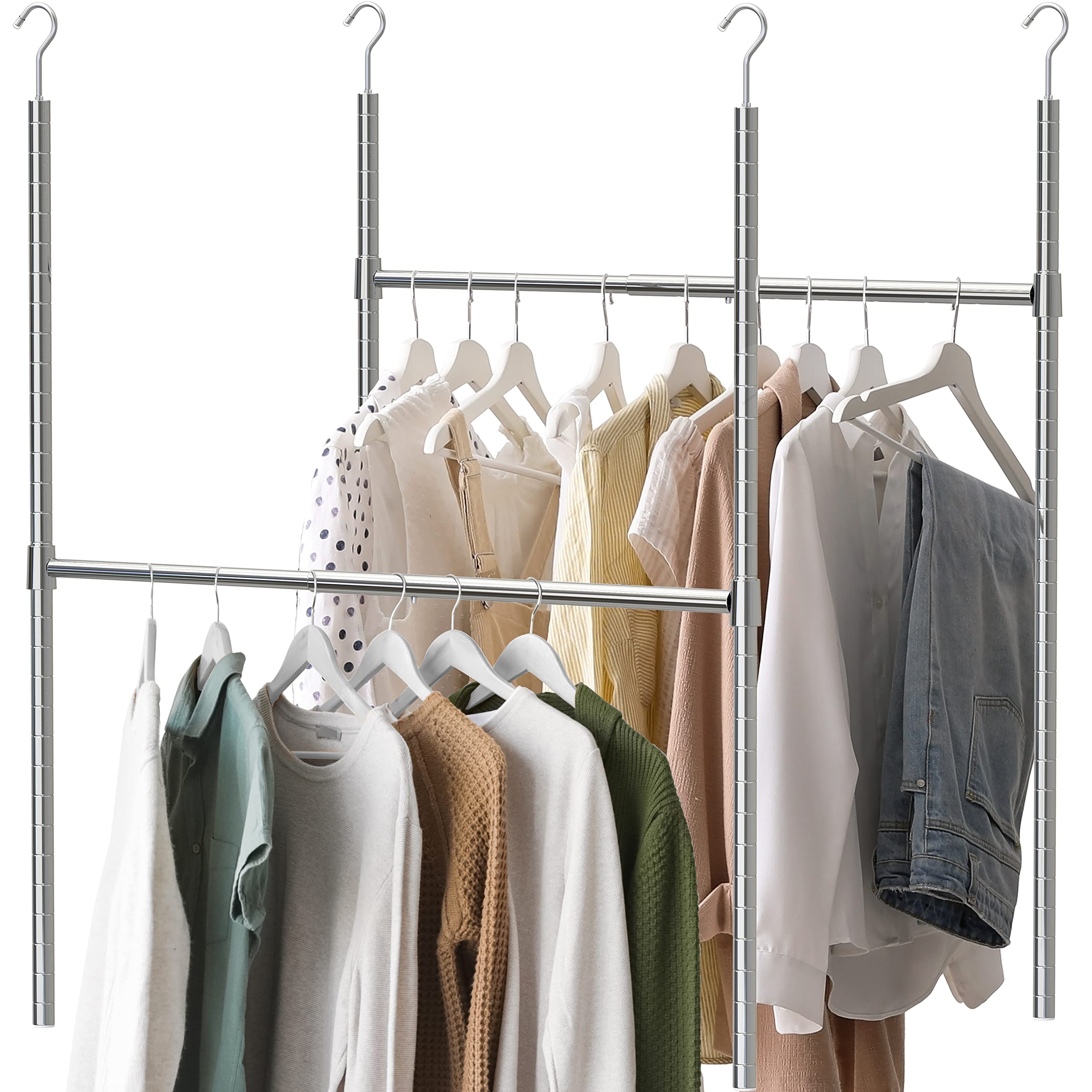 Adjustable Closet Hanging Rod - 2 Pack Chrome Closet Organizer for Wardrobe, Closet & Storage - Space Saving Closet Extension Rod for Home Organization