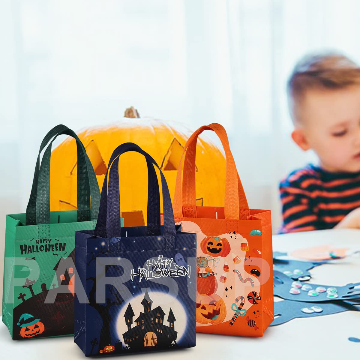 PARSUP 8PCS Halloween Trick or Treat Tote Bags with Handles - Reusable Non-Woven Gift Bags for Candy, Party Favors & Gift Wrapping (7.9