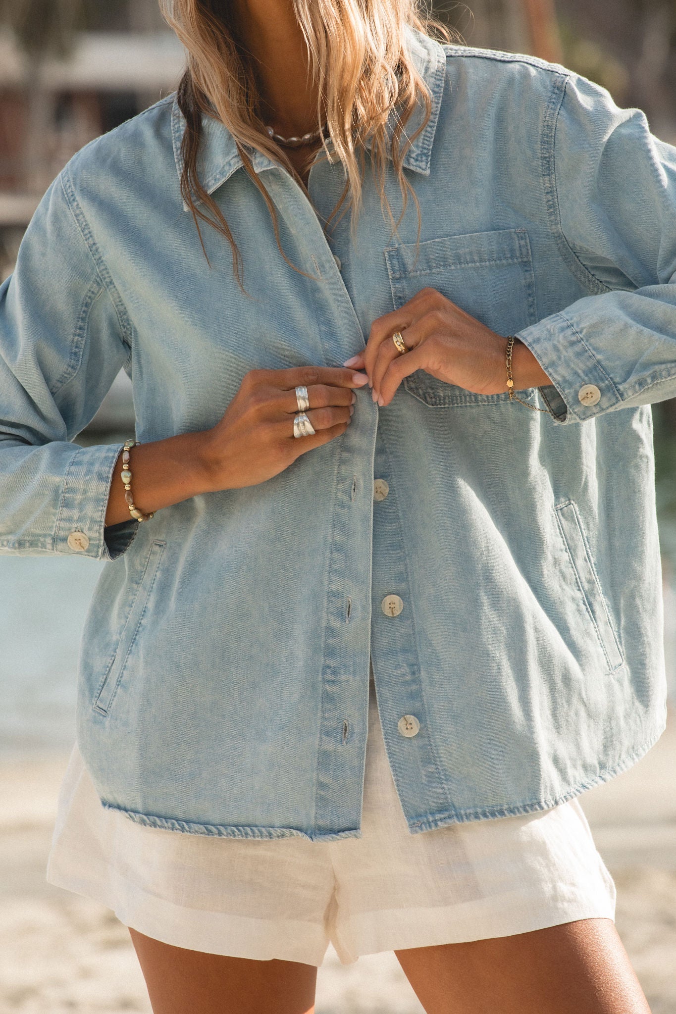 Seaside Denim Button-Up Shirt for Women - Casual & Stylish Summer Beachwear | Perfect for Vacations, Outings & Everyday Wear