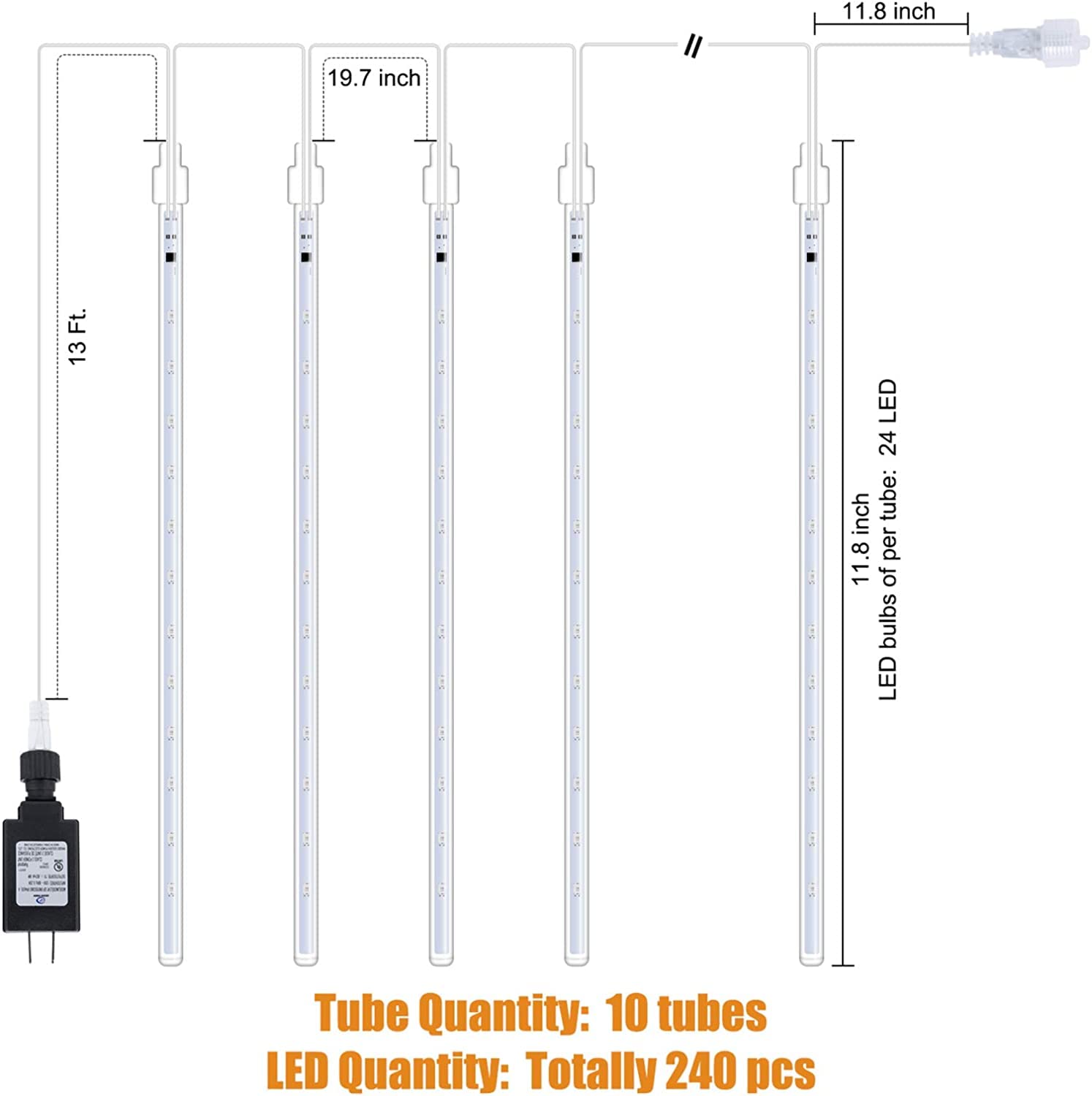 Minetom 240 LED Meteor Shower Icicle Christmas Lights - 11.8 Inch 10 Tubes Connectable Outdoor Hanging Falling Rain Lights for Holiday Decorations (Blue) | Perfect for Christmas Trees, Bushes, Roofs, and Garden Decor