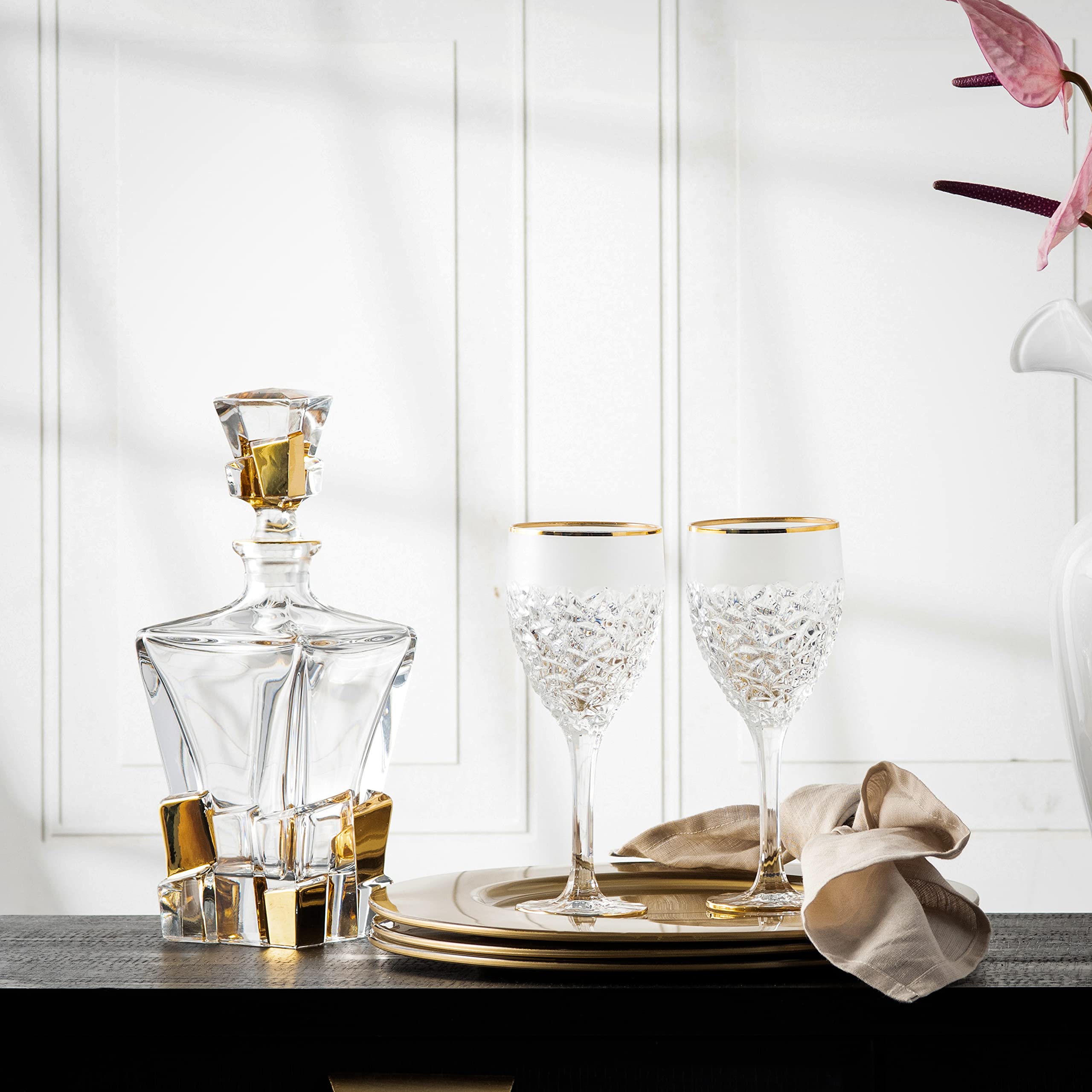 Premium 6-Piece Crystal Wine Glass Set with Frosted Border & Gold Rim - Elegant Stemmed Goblets for Red Wine, White Wine & Water - 11 oz European-Made Glassware for Dinner Parties, Weddings & Special Occasions