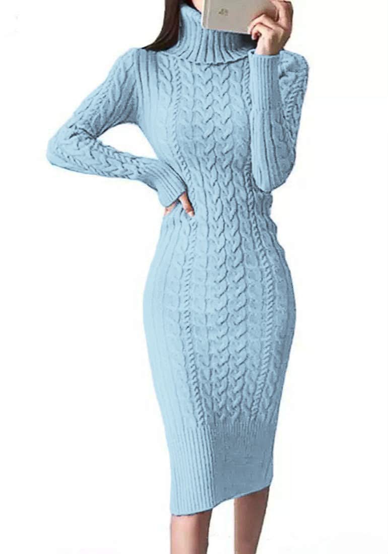 Fangetey Women's Long Sleeve Turtleneck Sweater Dress - Knitted Bodycon Midi Sheath Jumper Dress for Fall & Winter - Perfect for Office, Date Night & Holiday Parties
