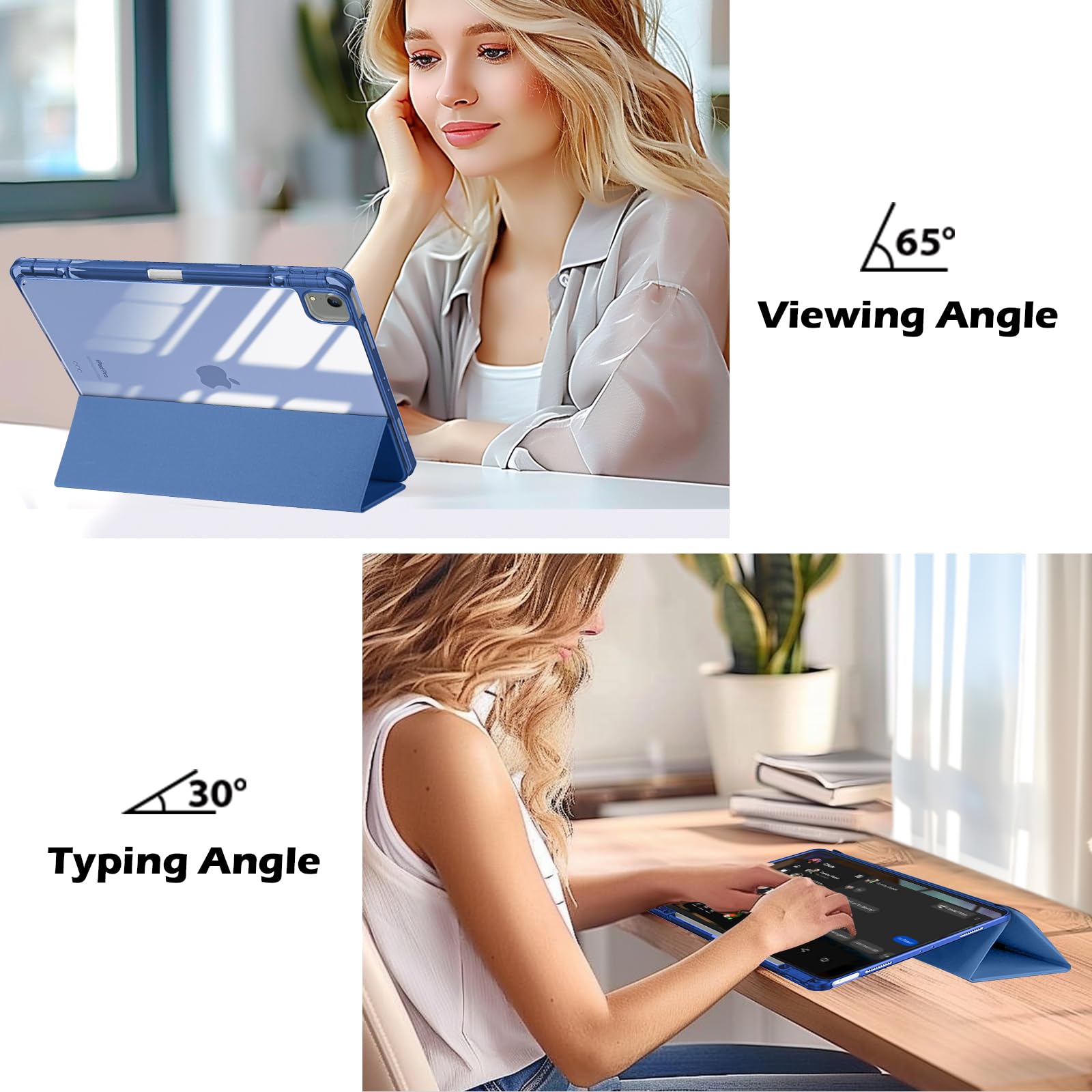 ProCase iPad Air 13 Inch Case 2025 M3/2024 M2 - Hybrid Protective Cover with Pencil Holder & Clear Transparent Back, Supports Touch ID & Auto Wake/Sleep - Navy Blue | Perfect for Work, School & Travel Protection