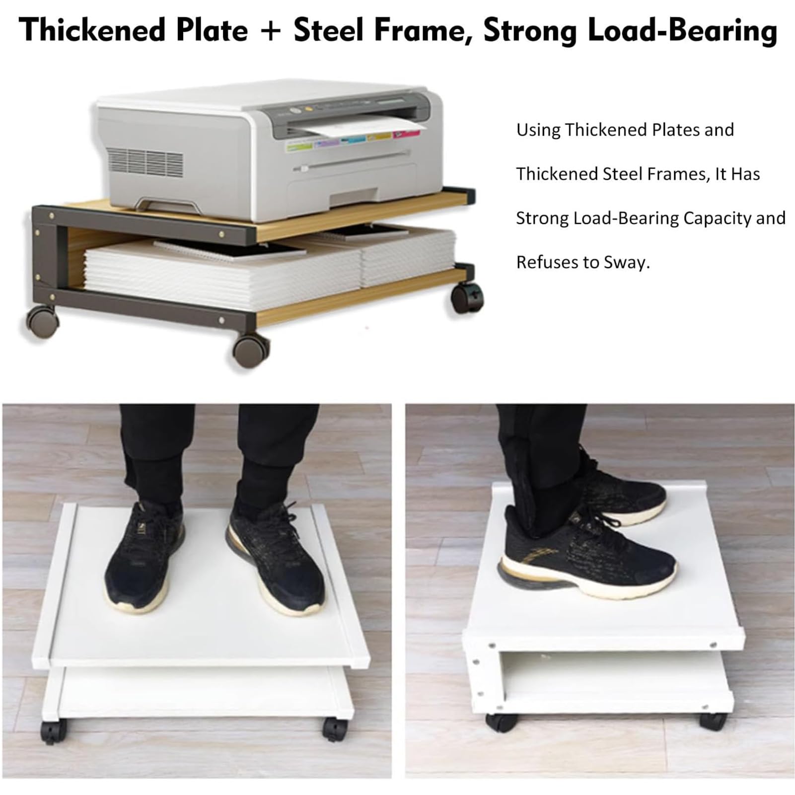 Adjustable Rolling Printer Stand with Storage - Mobile Desk Organizer with 4 Lockable Wheels for Home Office, Bedroom or Study - Perfect for Printer, Scanner & Office Supplies Organization