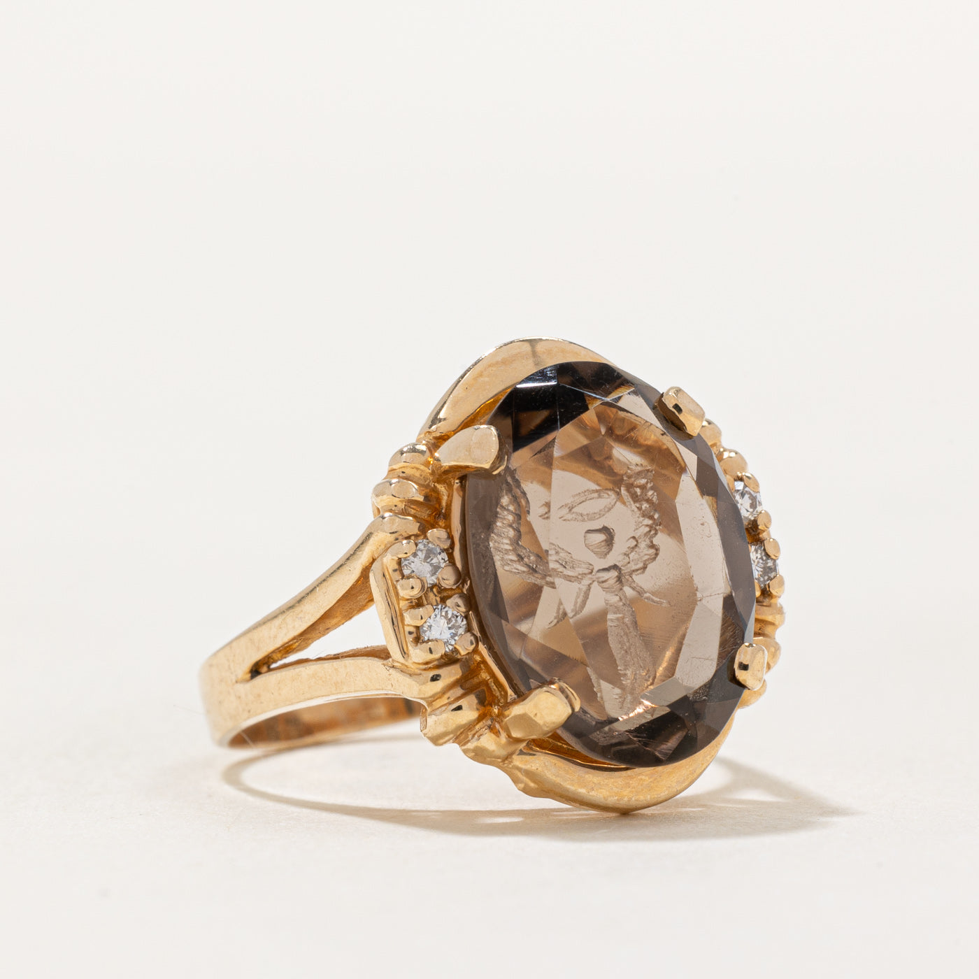 Exquisite Smoky Quartz Angel Intaglio & Diamond Cocktail Ring - 2.85ct Smoky Quartz & 0.06ctw Diamonds - Size 6.5 - Elegant Statement Jewelry for Evening Parties, Weddings & Special Occasions