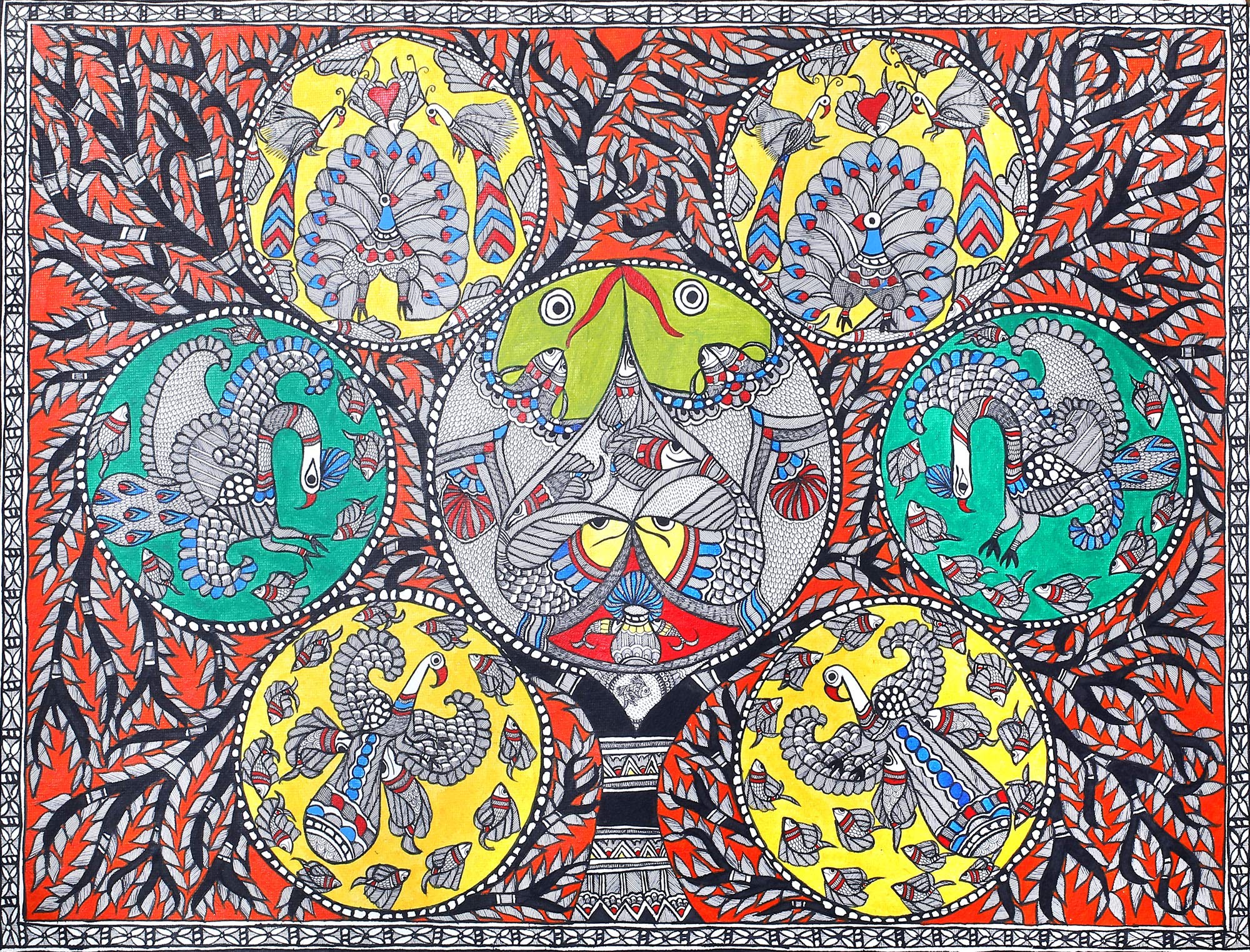 Authentic Indian Madhubani Painting - Tree of Life with Peacocks & Fishes on Handmade Paper | Traditional Folk Art Wall Decor for Home, Office & Meditation Spaces