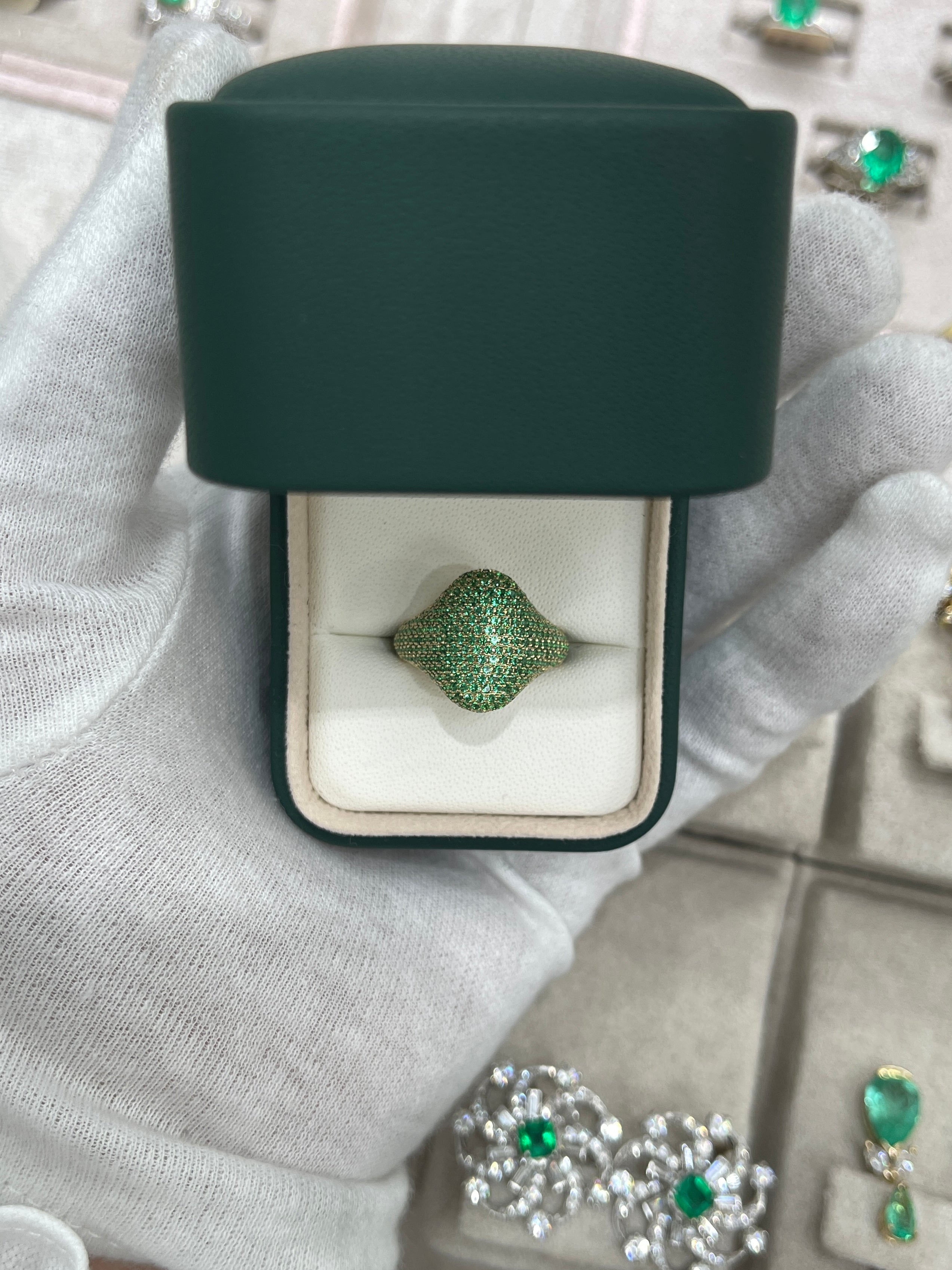 2.01 Carat Total Weight (CTW) Emerald Pave Signet Ring in 14K Gold - Elegant Jewelry for Women, Perfect for Weddings, Anniversaries & Special Occasions