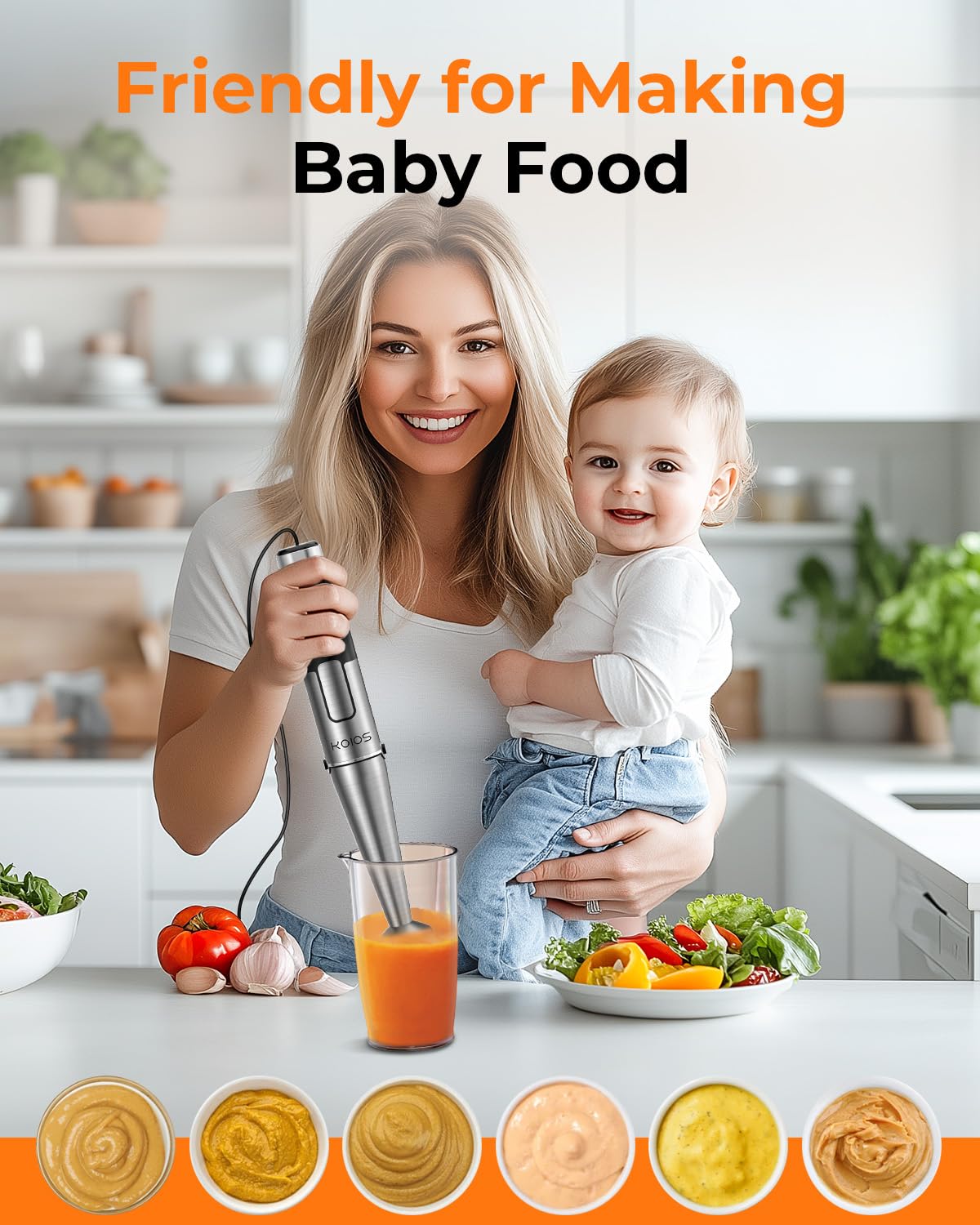 KOIOS 1100W Professional Immersion Blender - 5-in-1 Handheld Blender with Variable Speed, Stainless Steel Shaft, Chopper & Milk Frother, BPA-Free for Smoothies, Soups, Baby Food & Baking - Perfect for Kitchen, Restaurant & Home Cooking