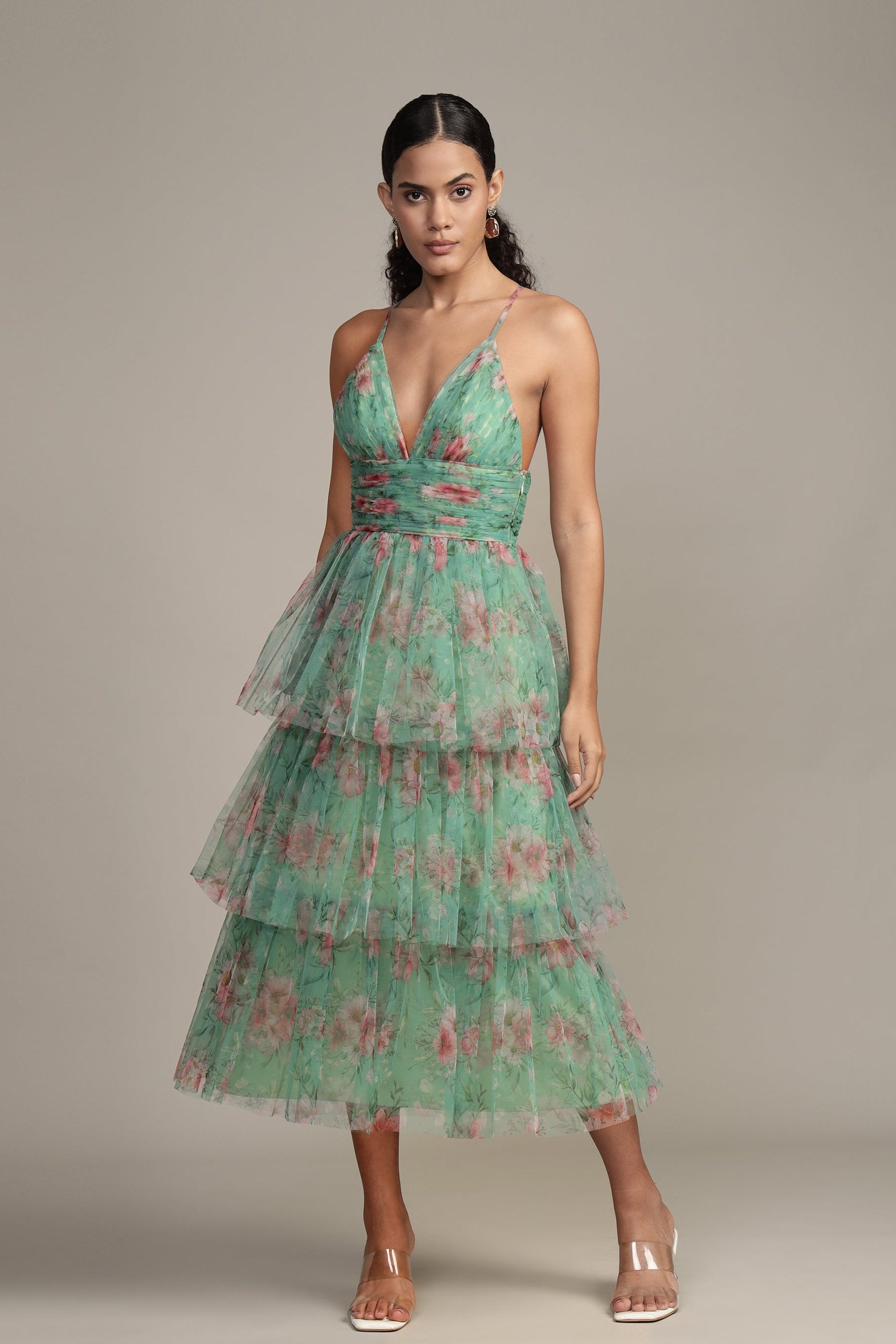 Odette Floral Midi Dress - Women's Green Floral Print Summer Dress for Casual Wear, Garden Party & Vacation Outfits