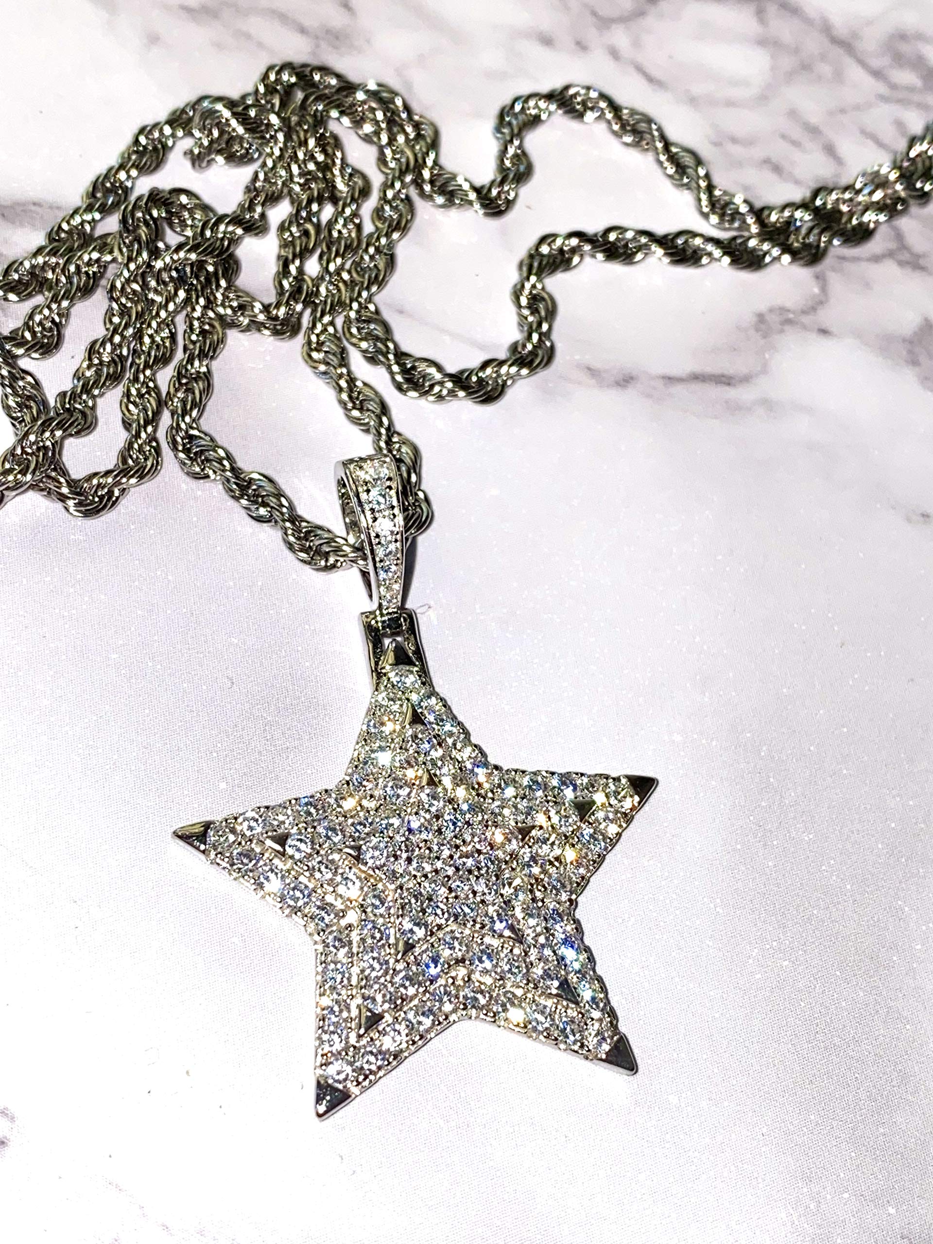 925 Sterling Silver Iced Out Pendant Necklace for Men & Women - Italian White Gold Finish Stainless Steel Rope Chain (16