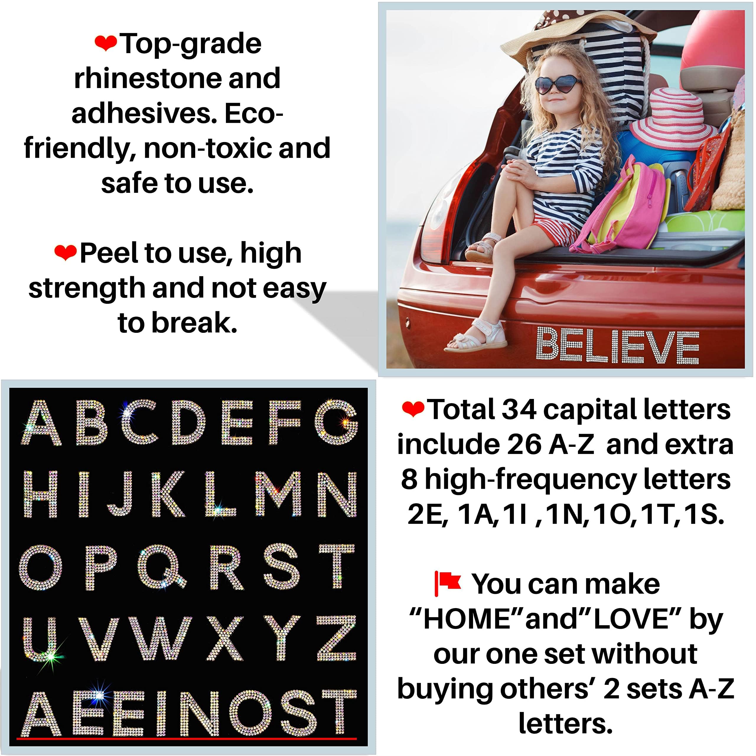Locacrystal 34Pcs Bling Rhinestone Alphabet Stickers A-Z - Self-Adhesive Iron-On Crystal Letters for DIY Crafts, Clothing, Cars & Home Decor (Crystal AB) - Perfect for Customizing T-Shirts, Hats, Scrapbooks & Party Decorations