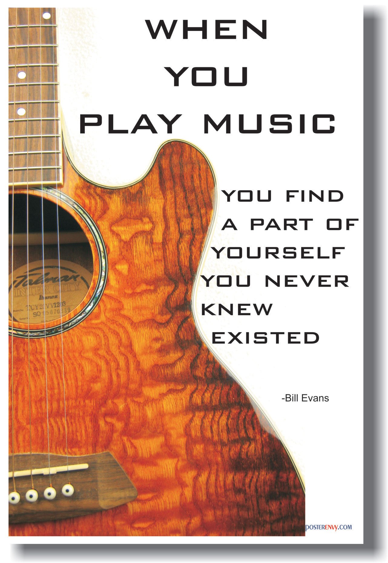 Bill Evans Inspirational Quote Poster - 'When You Play Music You Discover a Part of Yourself' - Acoustic Guitar Wall Art for Musicians, Music Teachers & Home Decor