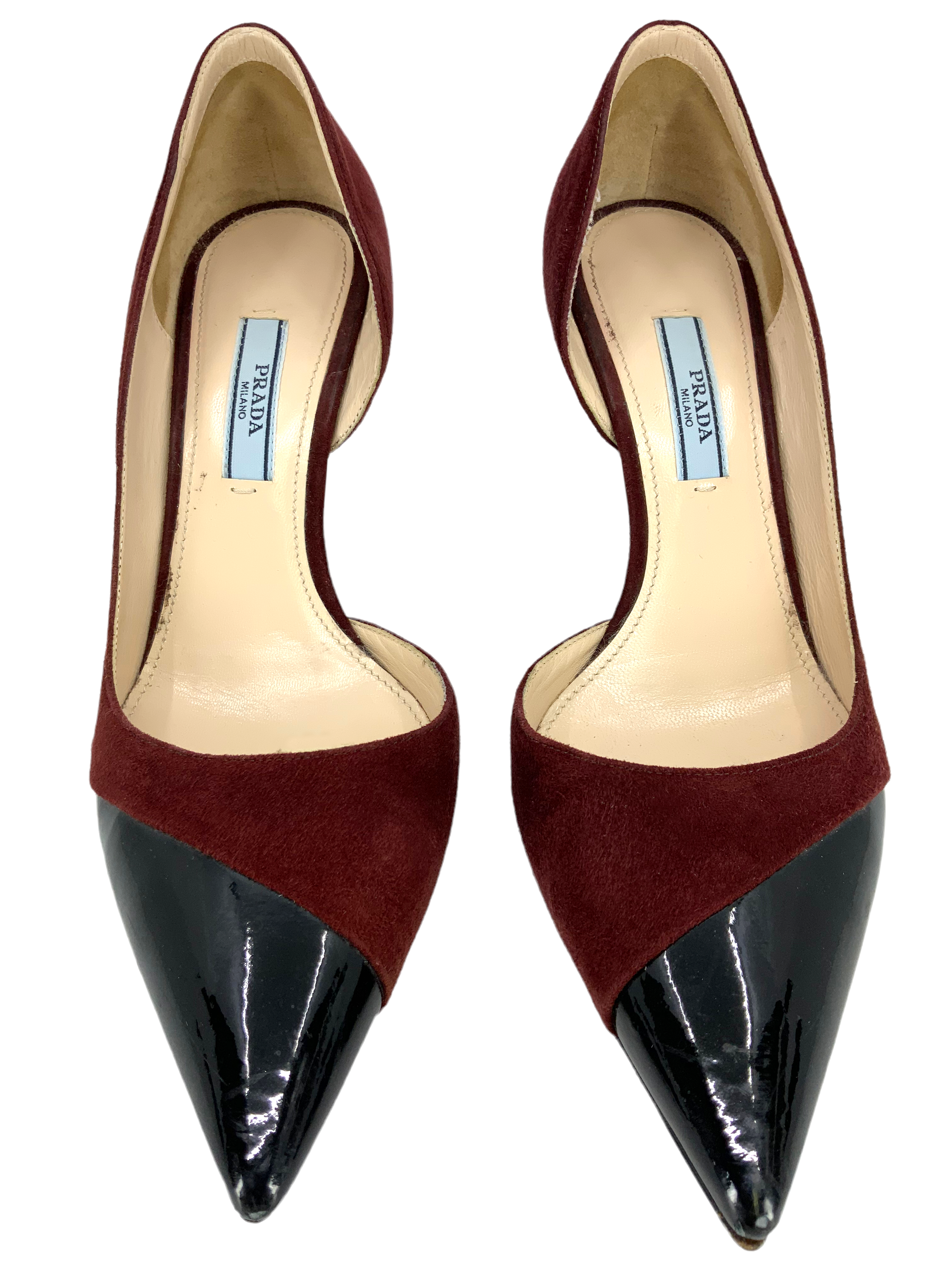 Prada Suede and Patent Leather Half d'Orsay Pumps Women's Size 6.5 - Elegant Heels for Office, Party & Special Occasions