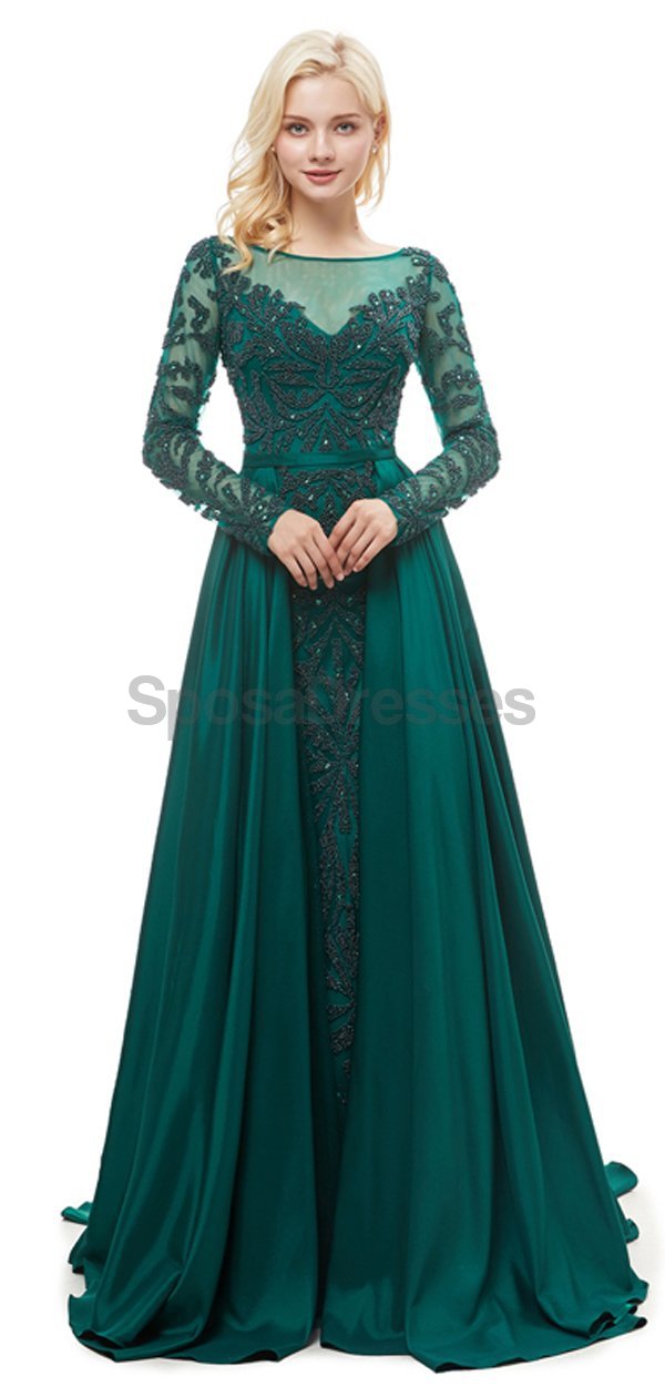 Emerald Green Long Sleeve Beaded Prom Dress for Women - Elegant Evening Party Gown with Sparkling Rhinestones - Perfect for Homecoming, Formal Dances & Special Occasions